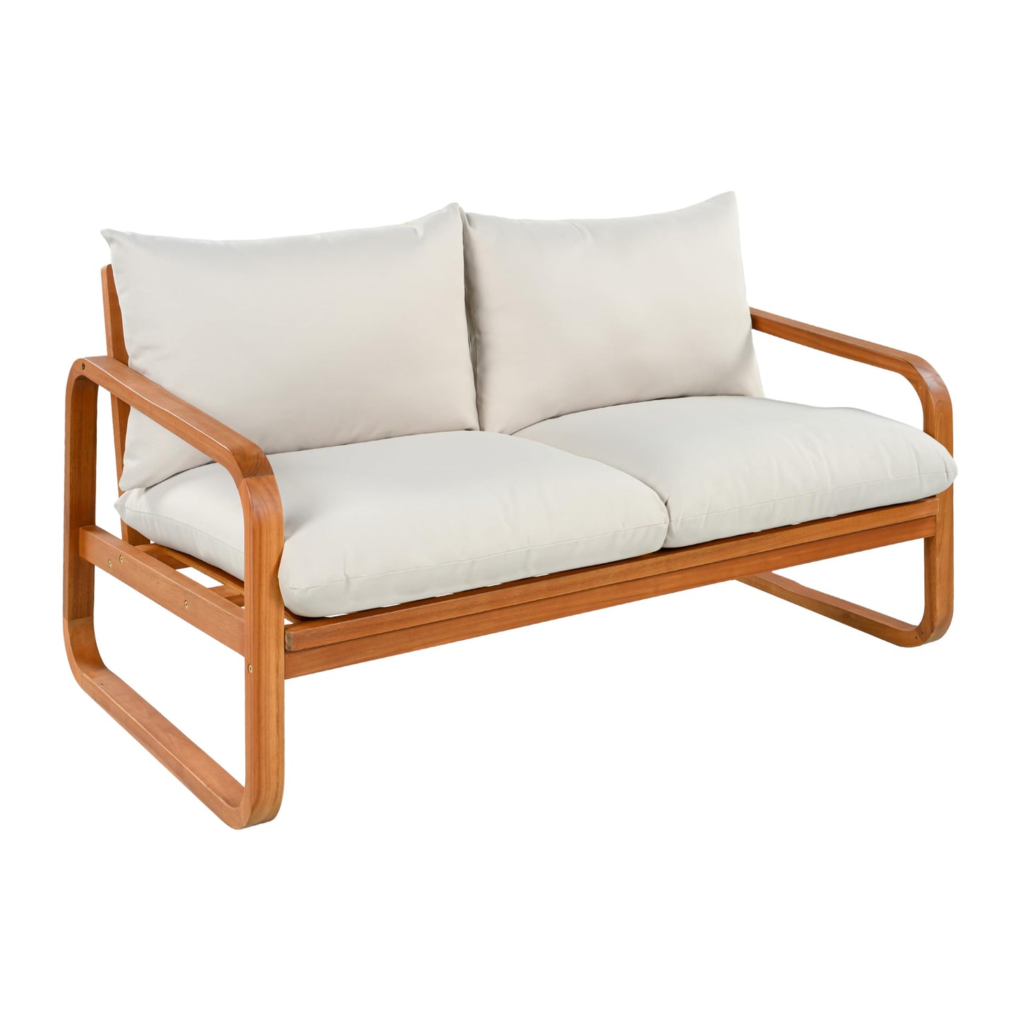 Merax Outdoor 4-Piece Acacia Wood Conversation Set - Patio 2-Seat Loveseat Sofa w/Cushion, 2 Armchair and Square Coffee Table for Backyard, Lawn, Balcony, Beige + Natural