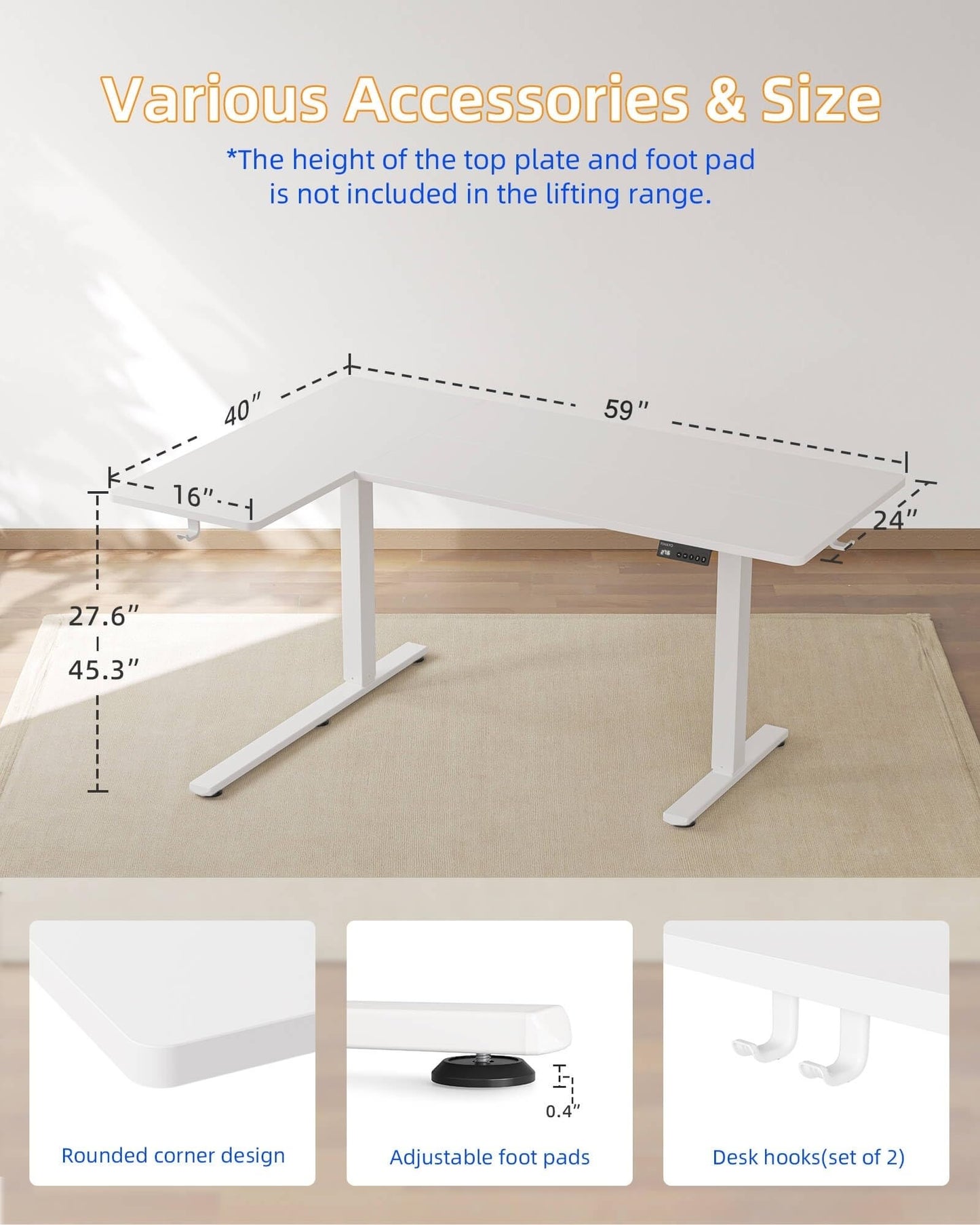 YIHAYO Reversiable L-Shaped Electric Standing Desk, 59 Inches Stand Up Corner Desk, Sit and Stand Up for Work Office Home, Ergonomic Rising Computer Table with Splice Board, White