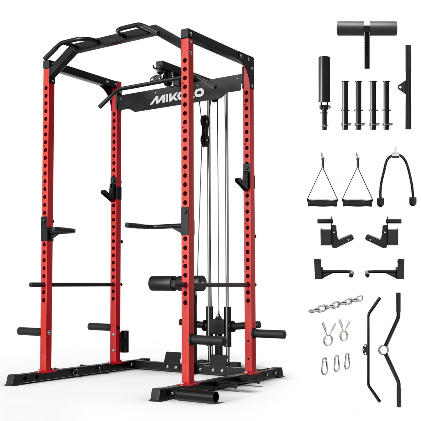 Mikolo F4 2.0 Power Cage with Dual-Track Smooth Pulley System, 1200LBS Power Rack with Leg Hold-Down for Heavy LAT Pulldowns, All-in-One Squat Rack with More Training Attachments for Home Gym (Red)
