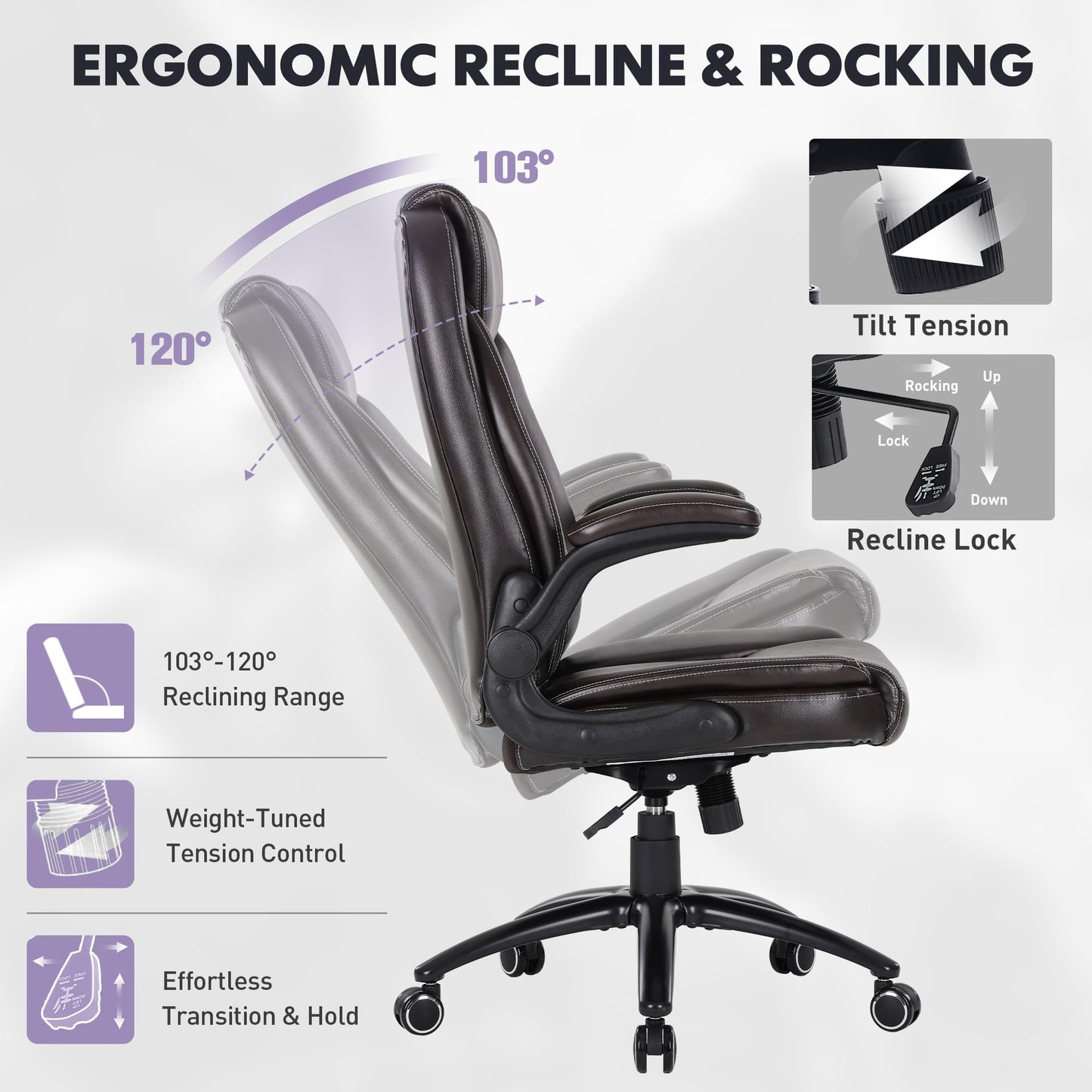 400lbs Capacity Executive Desk Chair Set of 2 with Ergonomic Lumbar Support, Flip-up Arms & High Back Leather Computer Chair for Home/Office, Brown