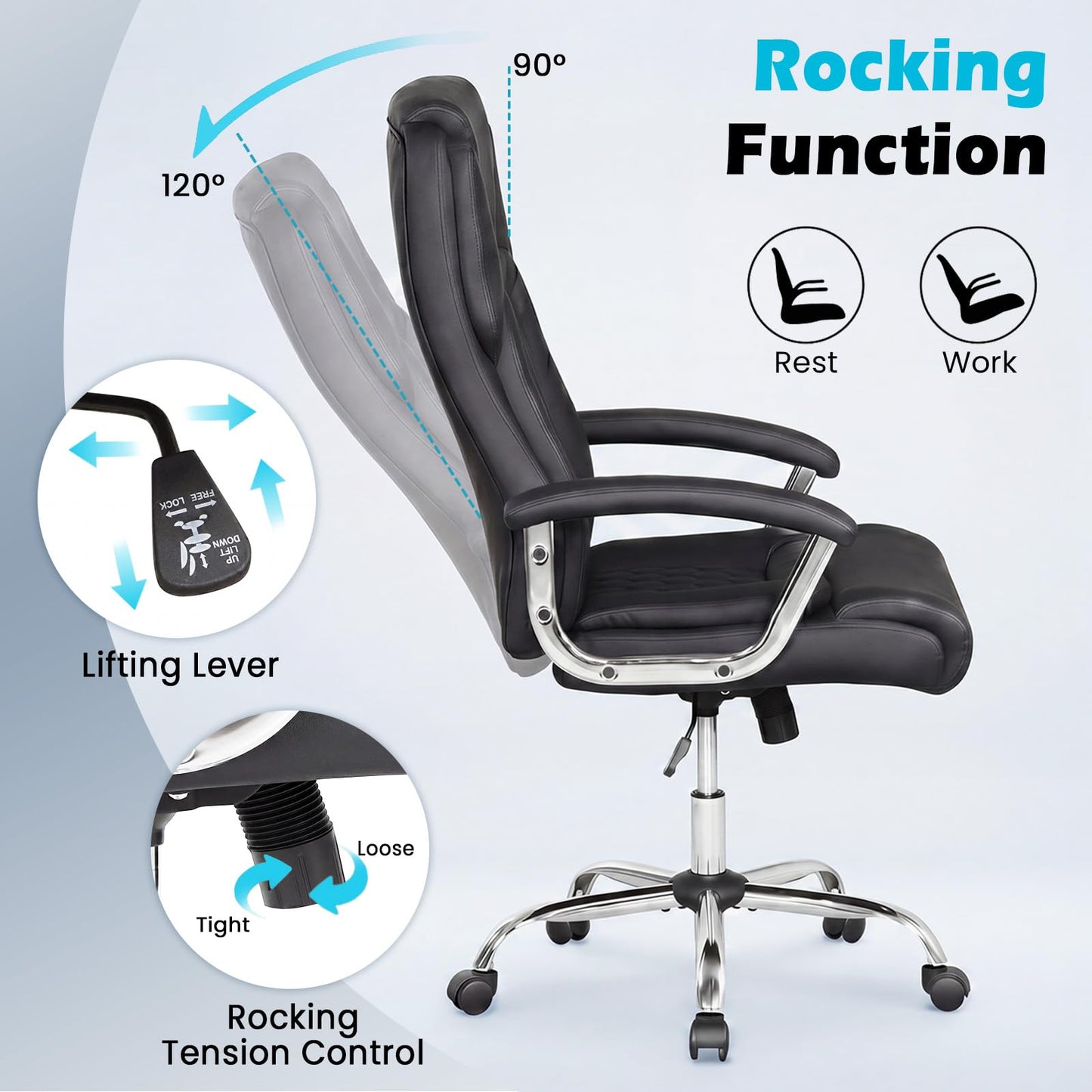 Giantex Ergonomic Office Chair, Upholstered Leather Executive Chair w/Padded Armrests & Rocking Backrest, Height Adjustable Computer Desk Chair, Swivel Rolling Chair w/Wheels for Home Office, Black