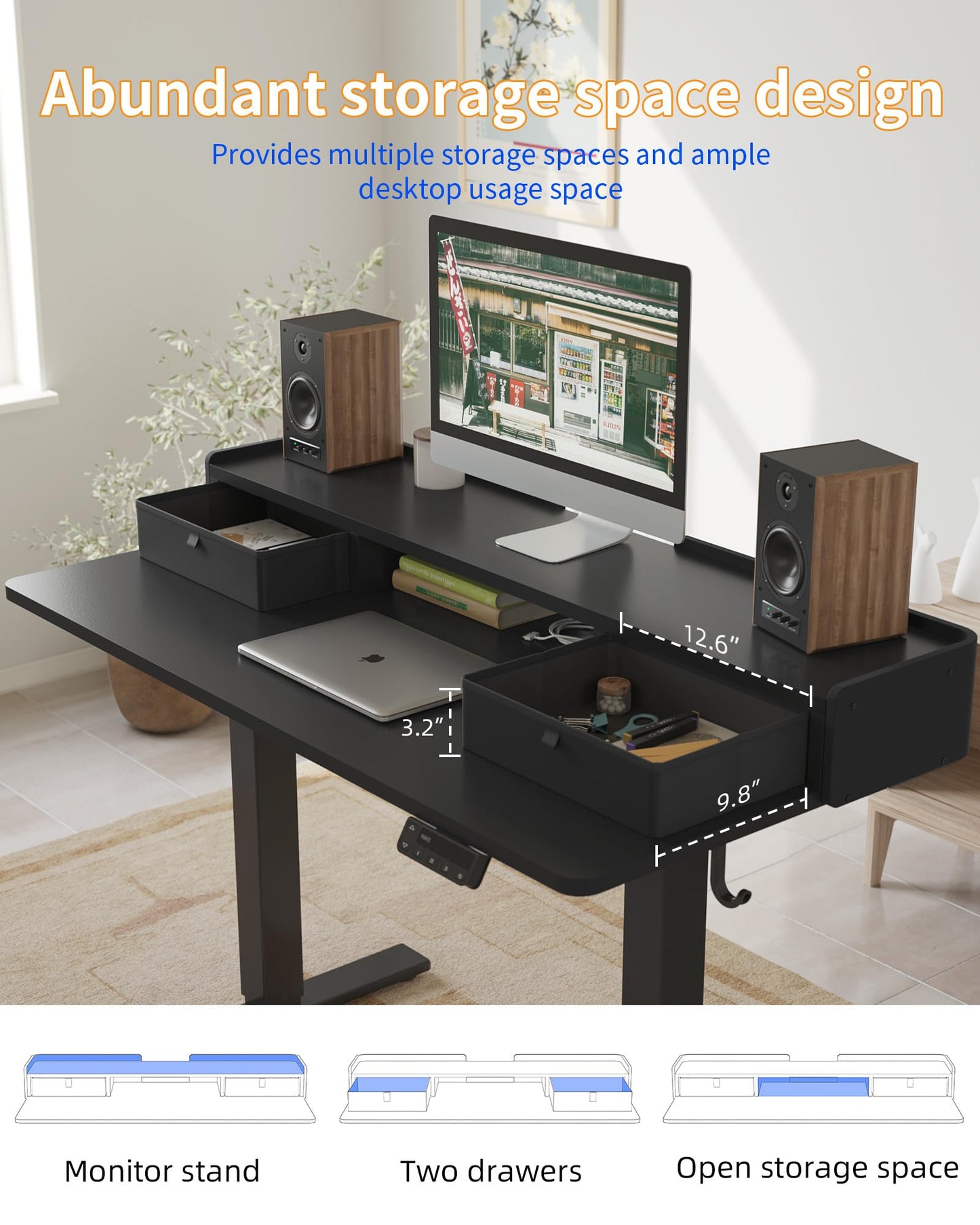 YIHAYO Electric Standing Desk with Drawers, 40 x 24 Inches Adjustable Desk with Storage Shelf, Stand Up Desk with Splice Board, Computer Desk for Home Office, Black Frame/Black Top