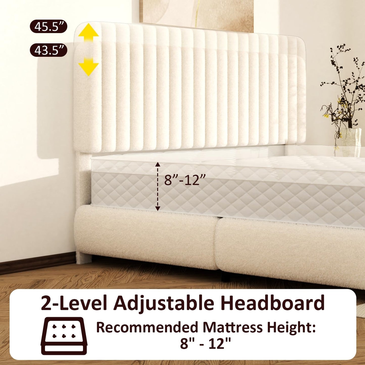 Konprosp King Size Cloud Bed Frame, Upholstered Boucle Platform Bed with Round Corner Adjustable Headboard, Modern Style, No Box Spring Needed, Never Squeak, Easy Assembly, White