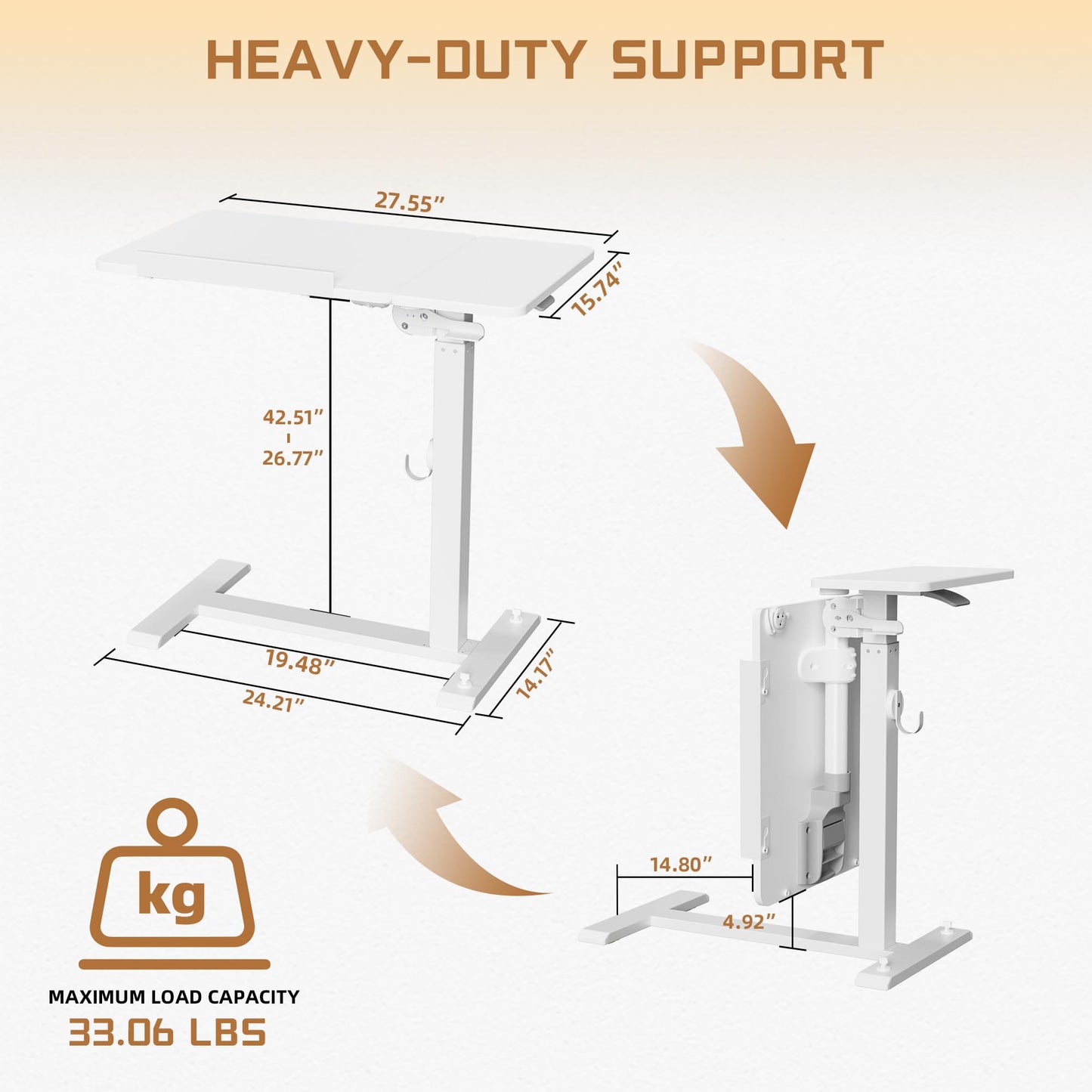 ETHU Foldable Overbed Table with Wheels, Rolling Laptop Standing Desk with Height Adjustable 26.77”-42.51” & Tilting Desktop, Mobile Work Desk for Bedside, Sofa and Home Office Use, White
