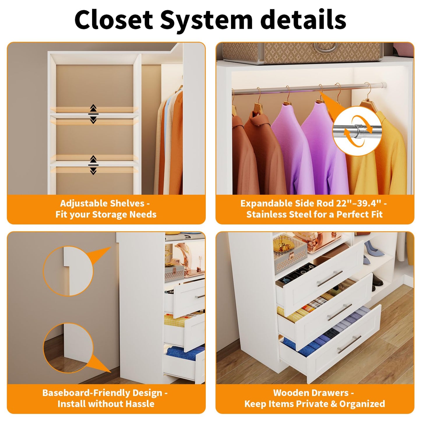 Closet System with 3 Drawers, Corner Closet Organizer Systems with 7 Shelves & 5 Hanging Rods L-Shaped Walk in Closet Freestanding Corner Tower Modular Storage System 2 Sets 1400+ Lbs Capacity White