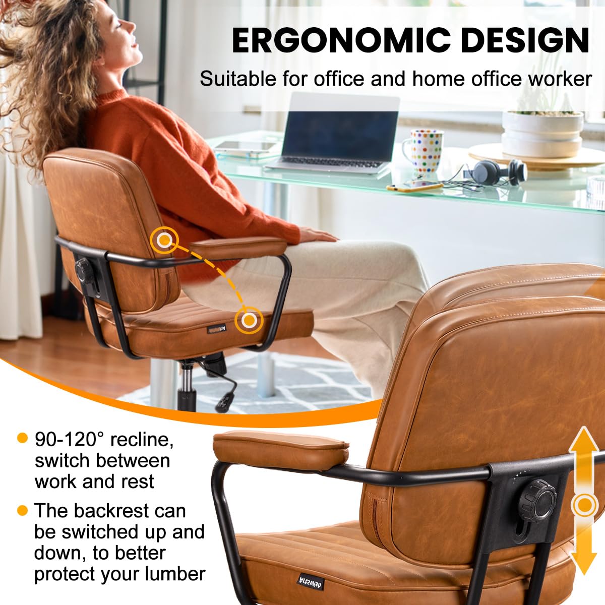 Mid Century Modern Office Chair, Ergonomic PU Leather Desk Chair with Wheels & Arms, Adjustable Swivel Home Office Chair for Bedroom, Study, Small Space, Brown