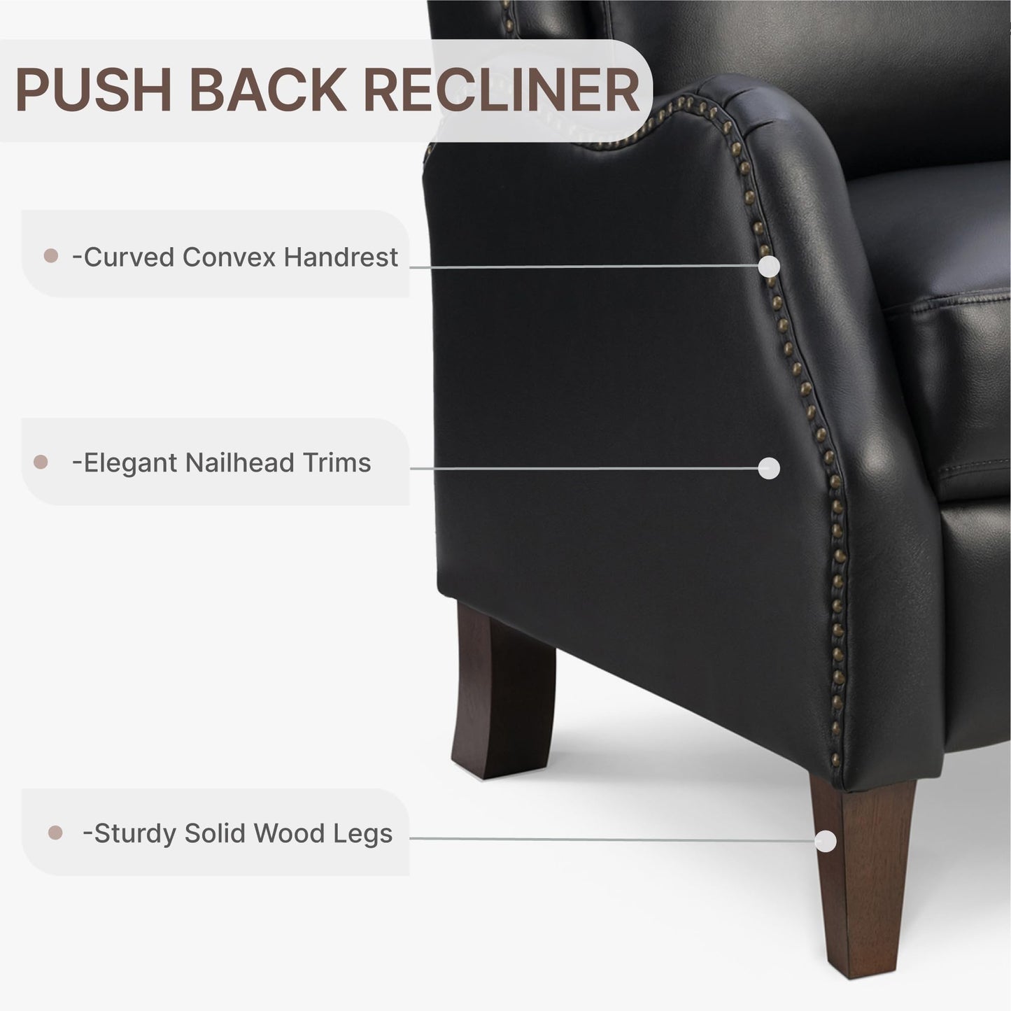 KISLOT Leather Pushback Recliner Faux Armchair with Rivet Decoration Single Sofa Accent Chair for Living Room Bedroom