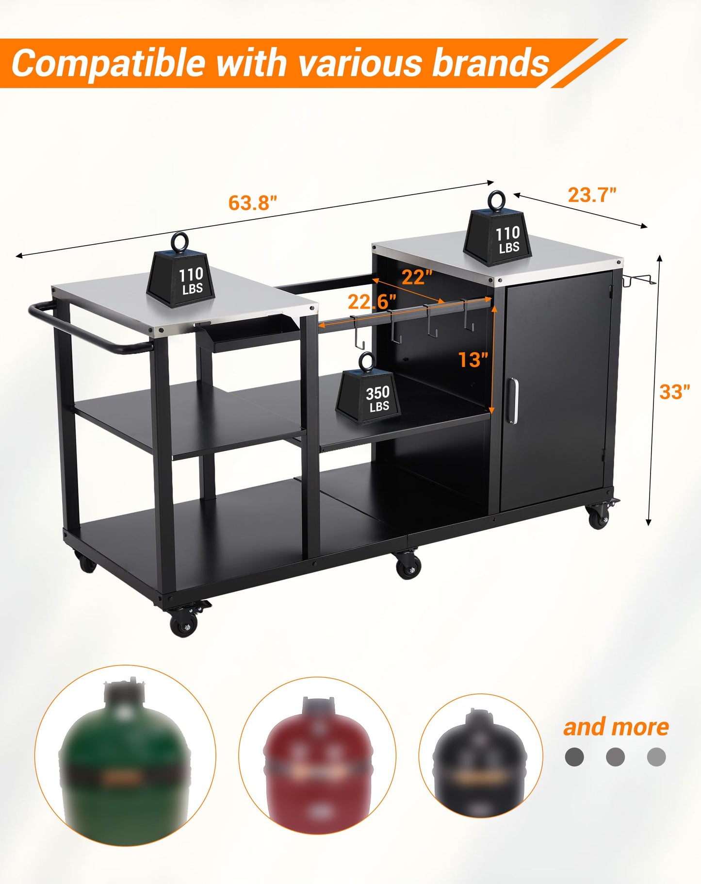 Garvee Grill Carts for Big Green Egg Style BBQ, Heavy Duty Metal Outdoor Grill Station Prep Table with Storage, Compatible with Large Big Green Egg,Outdoor Kitchen Island, BBQ Prep Table for Parties