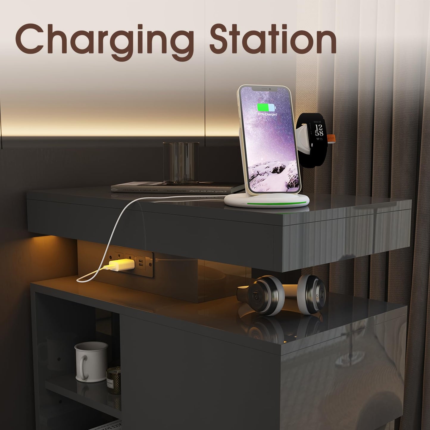 OC Orange-Casual LED End Table with Power Outlet, High Glossy Sofa Side Table, Small Nightstand with Drawer and Storage Cabinet, Narrow Side Table with Charging Station for Living Room (2, Black)