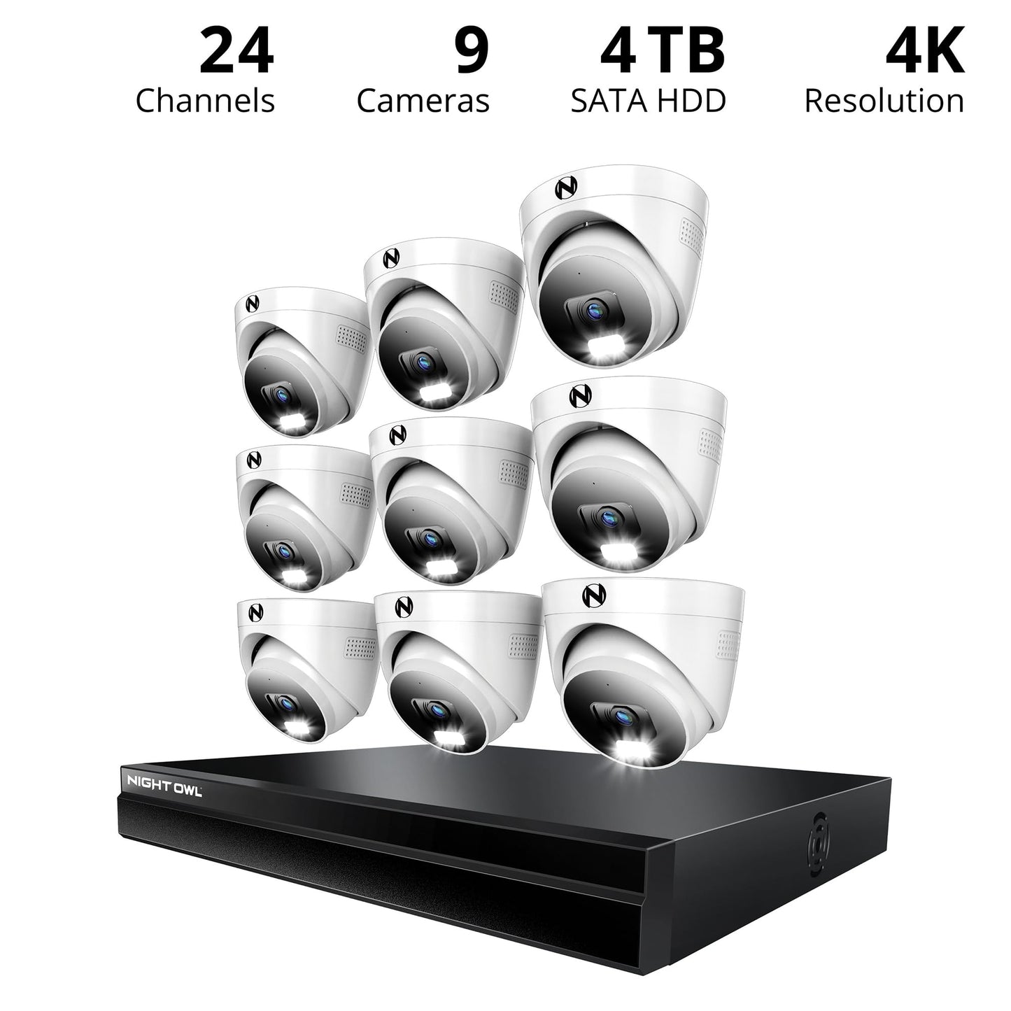 Night Owl Power Over Ethernet 24 Channel NVR Video Home Security Camera System with (9) Wired IP 4K HD Indoor/Outdoor Deterrence Dome Cameras and 4TB Hard Drive (Add up to 8 Wi-Fi Cameras)