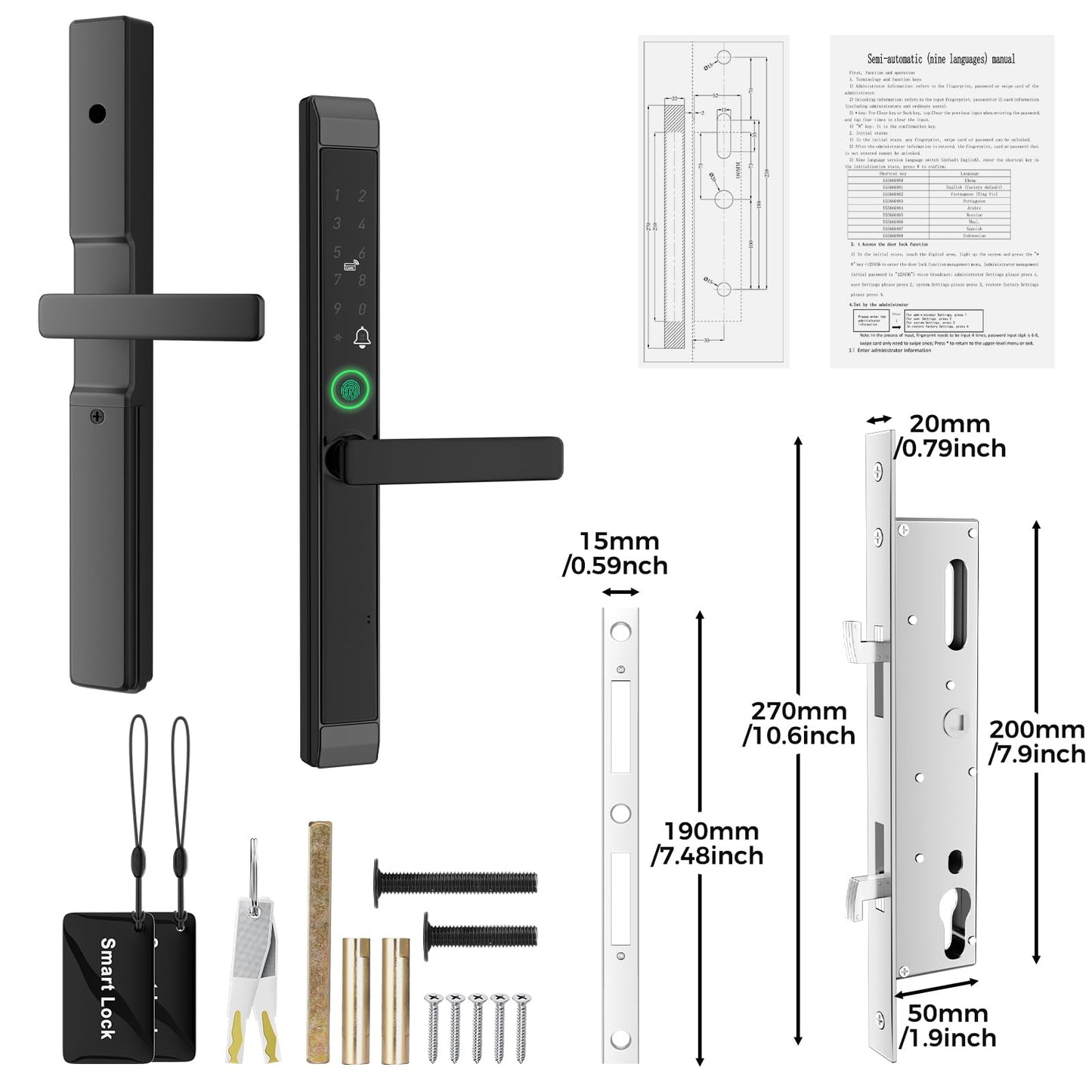 Sliding Door Smart Lock, Sliding Glass Door Lock with Fingerprint, JNZCH Smart Mortise Lock with App Control, IC Card, Keys, Anti-Peep Touchscreen, Perfect for Patio