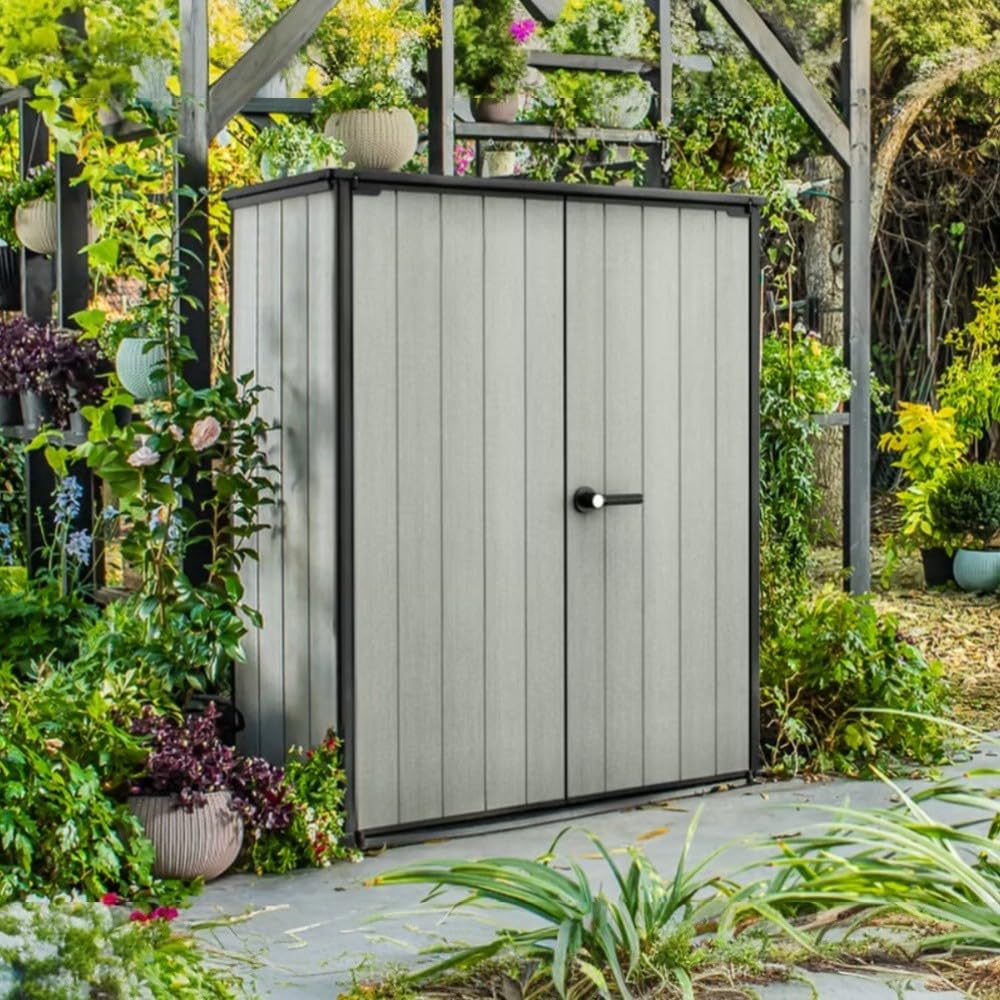 Keter Premier Tall 4.6x5.6 ft Resin Outdoor Storage Shed, Backyard Garden Shed with Shelving Brackets for Tools, Patio Furniture, Pool & Bike Storage, Grey & Black, 62 cu. ft Capacity