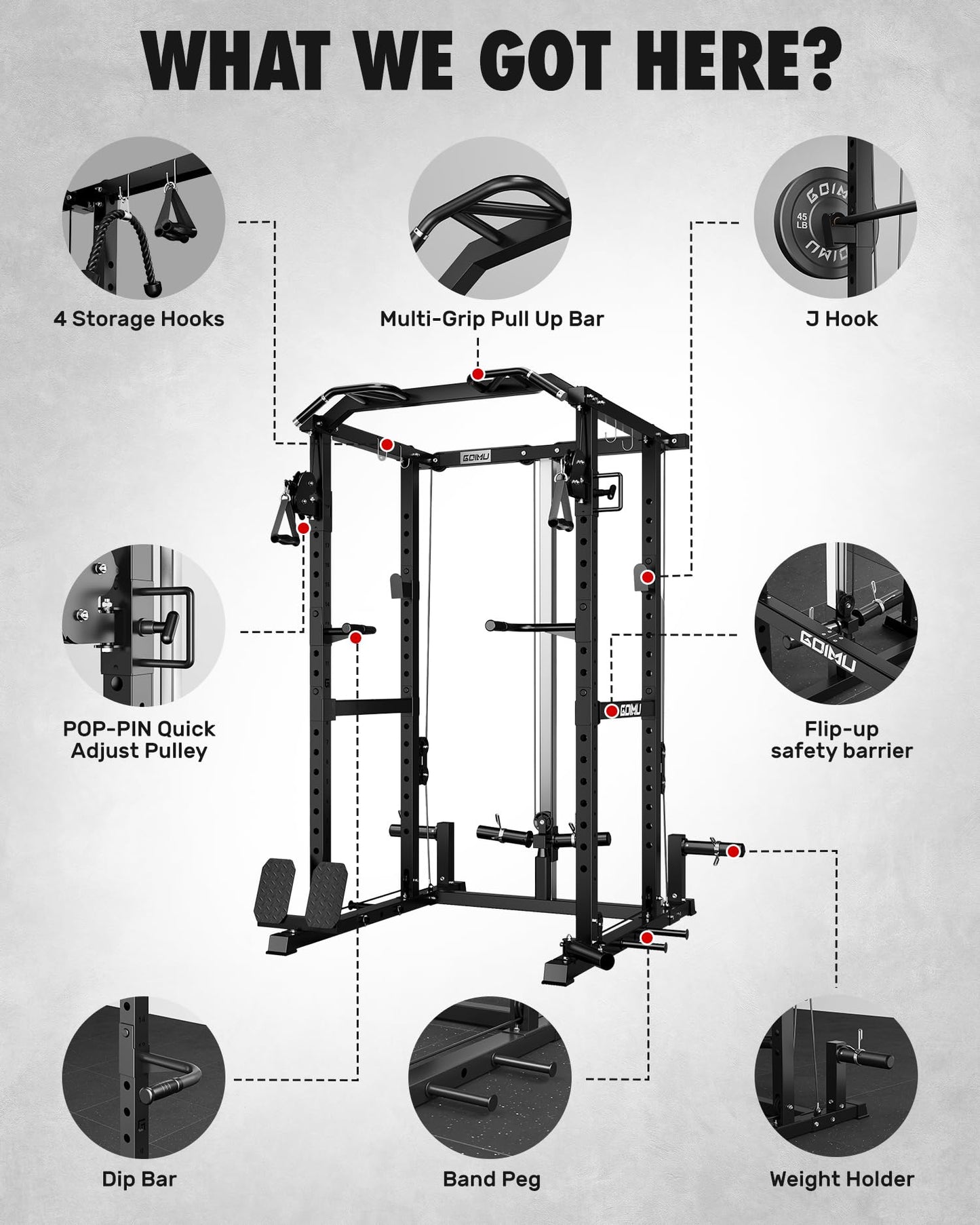 GOIMU RH01 Power Cage Rack, 2000LBS Squat Rack with with Cable Crossover System&LAT Pull Down System, Multi-Function Workout Cage for Home&Garage Gym (Black-SE, RH01 Power Cage)