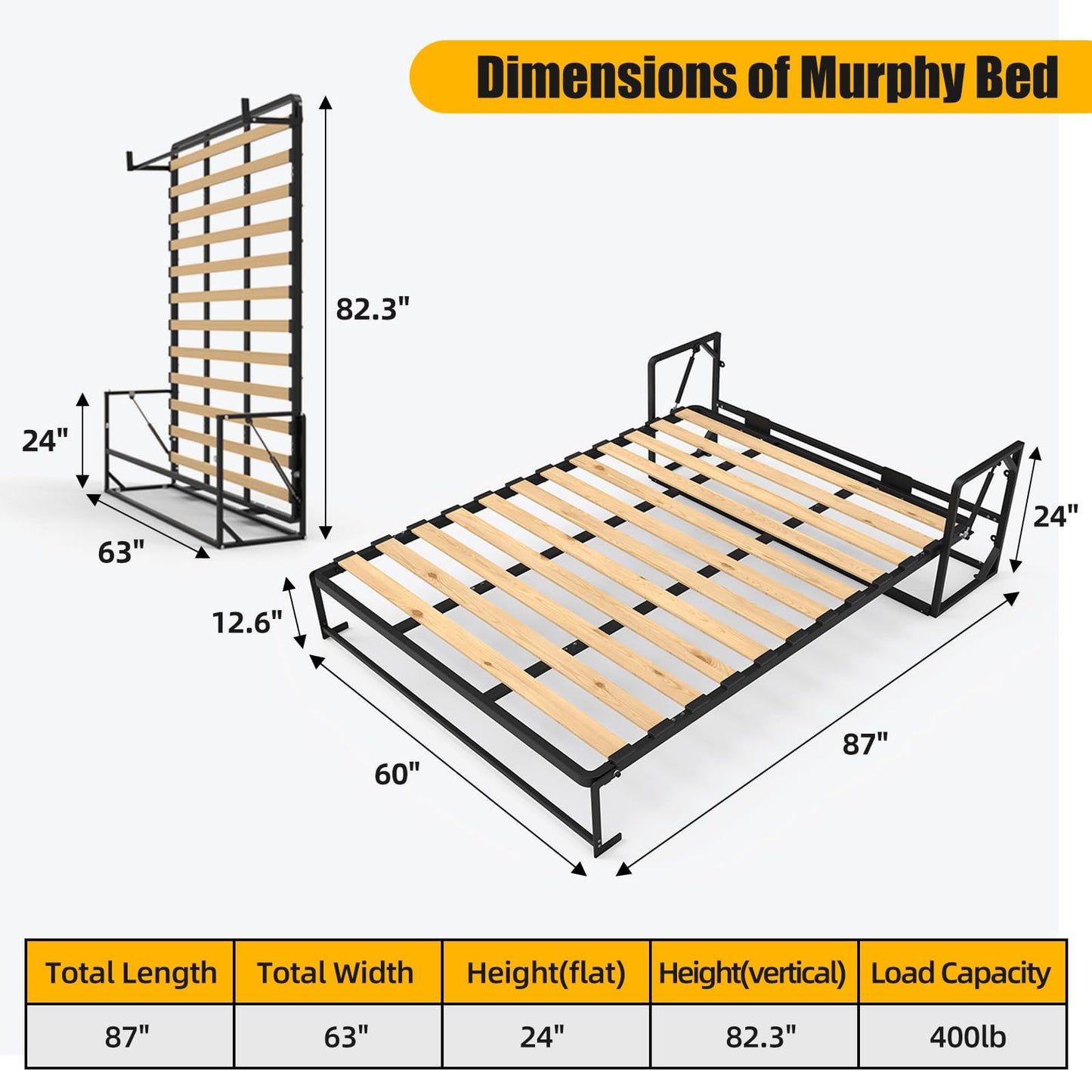 TooCust Vertical Murphy Wall Bed Frame Queen Size with Two-Stage Deluxe Gas Spring - DIY Wall Bed Queen Vertical, Folding Wall Bed, Vertical Murphy Bed Kit Queen Size