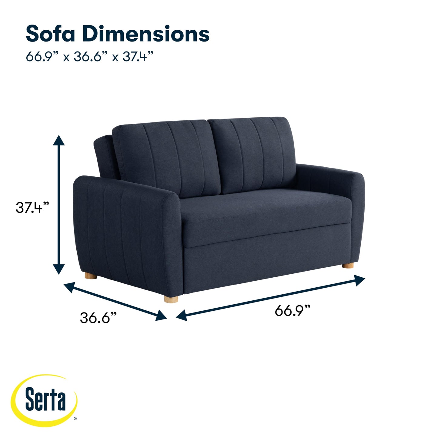 Serta® Galway 66.5" Full-Size Convertible Pop-up Sofa, Dream Coil® Comfort, Finger Guard® Pinch Point Protection, Woven Polyester Fabric, Navy Blue
