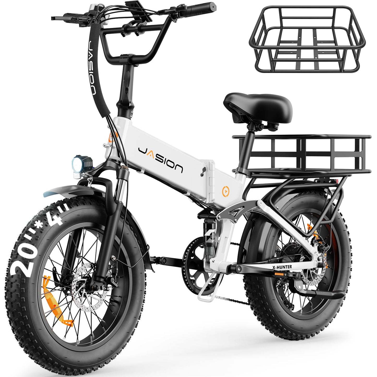 Jasion X-Hunter Foldable Electric Bike, 70+Miles 30MPH Max Speed, 1400W Peak Motor, 624WH Removable Battery, 20″*4 Fat Tire Bicycle for Adult, Full Suspension & 7-Speed EBike for Commute,Snow,Mountain
