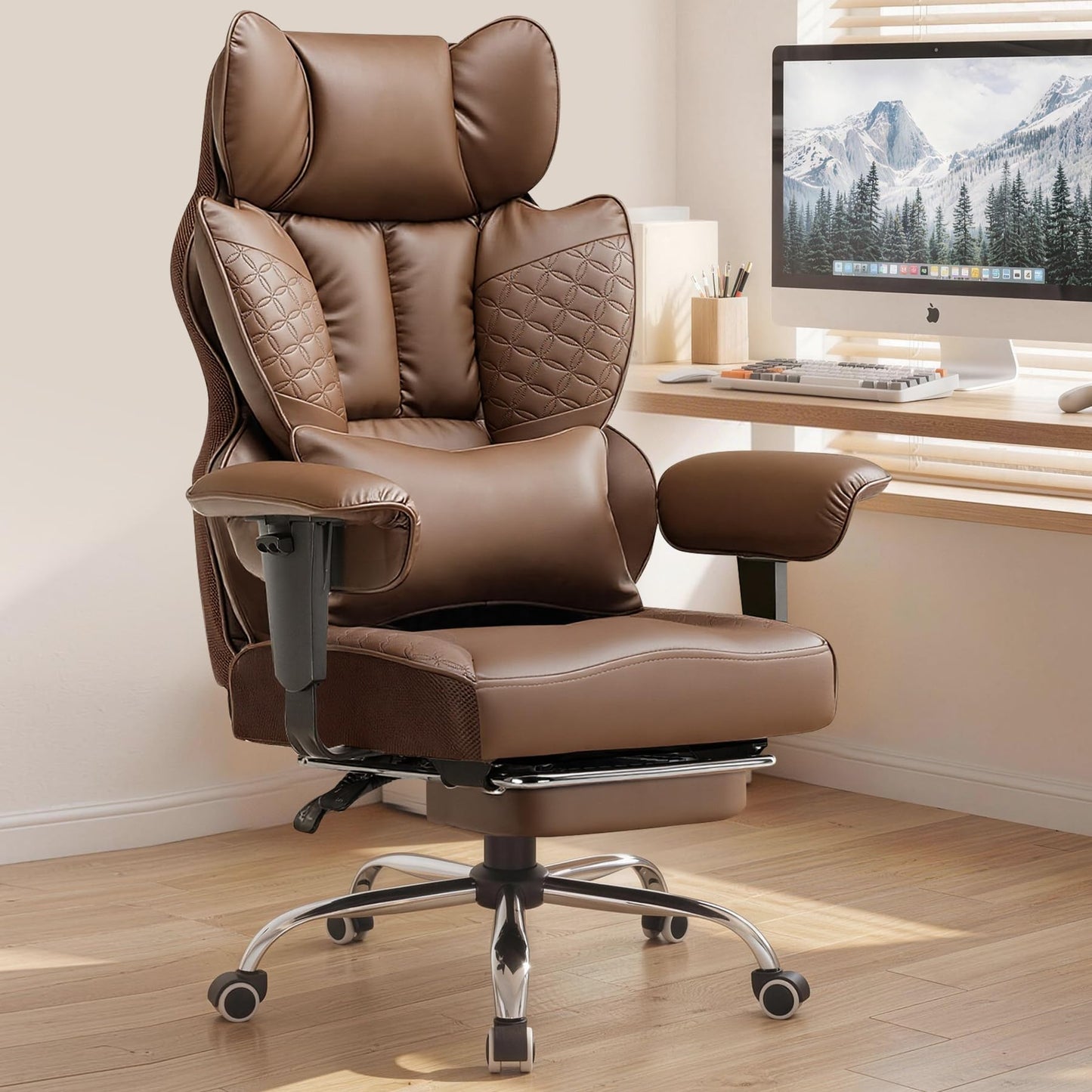 COMHOMA Big and Tall Office Chair Heavy Duty Gaming Chair with Deluxe Embossing Leather High Back Wider Ergonomic Computer Chair with Foot Rest 150°Reclining Pocket Spring Lumbar Support