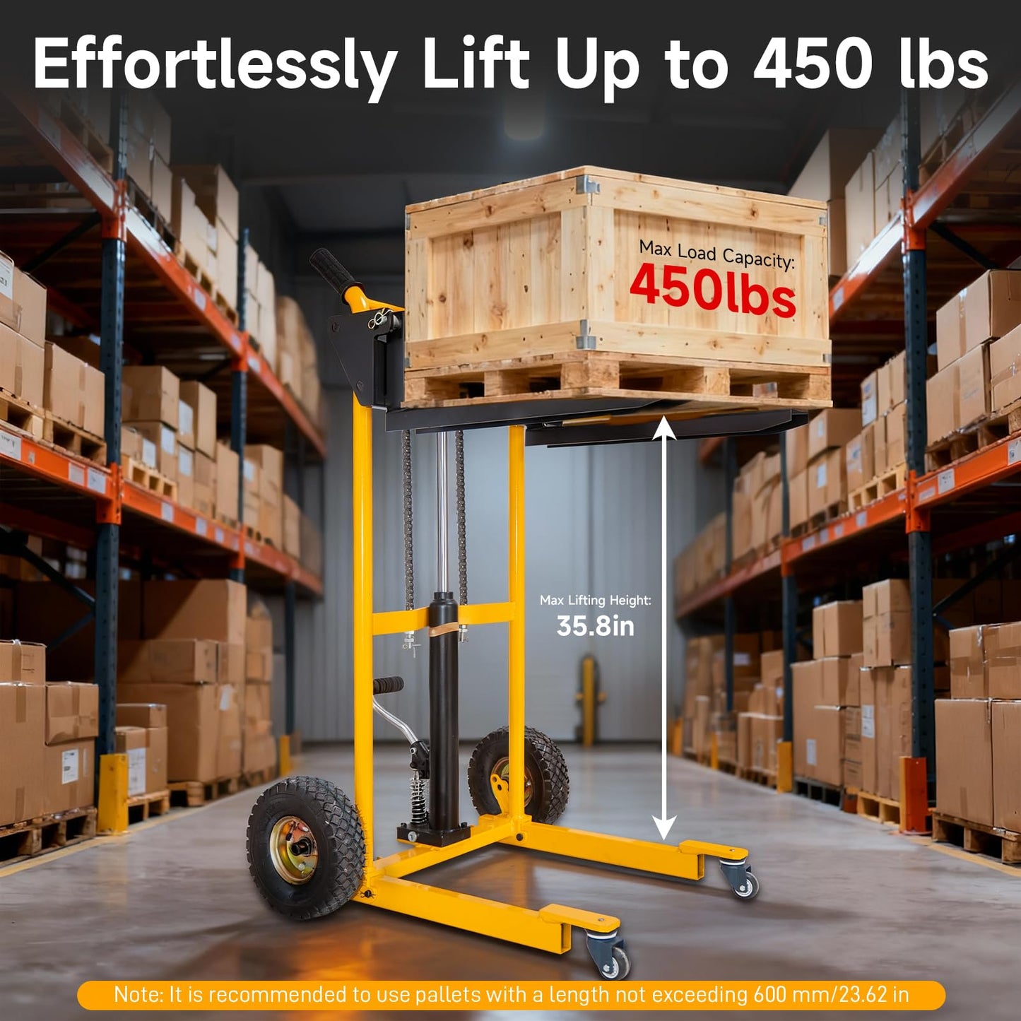 Foldable Hydraulic Material Lift Stacker, 450lbs 35.8" Max Lift, Portable Pallet Truck Dolly w/Swivel Casters, Adjustable Forks, Fork Lift Table Cart, Pallet Jacks & Trucks for Warehouse, Shop