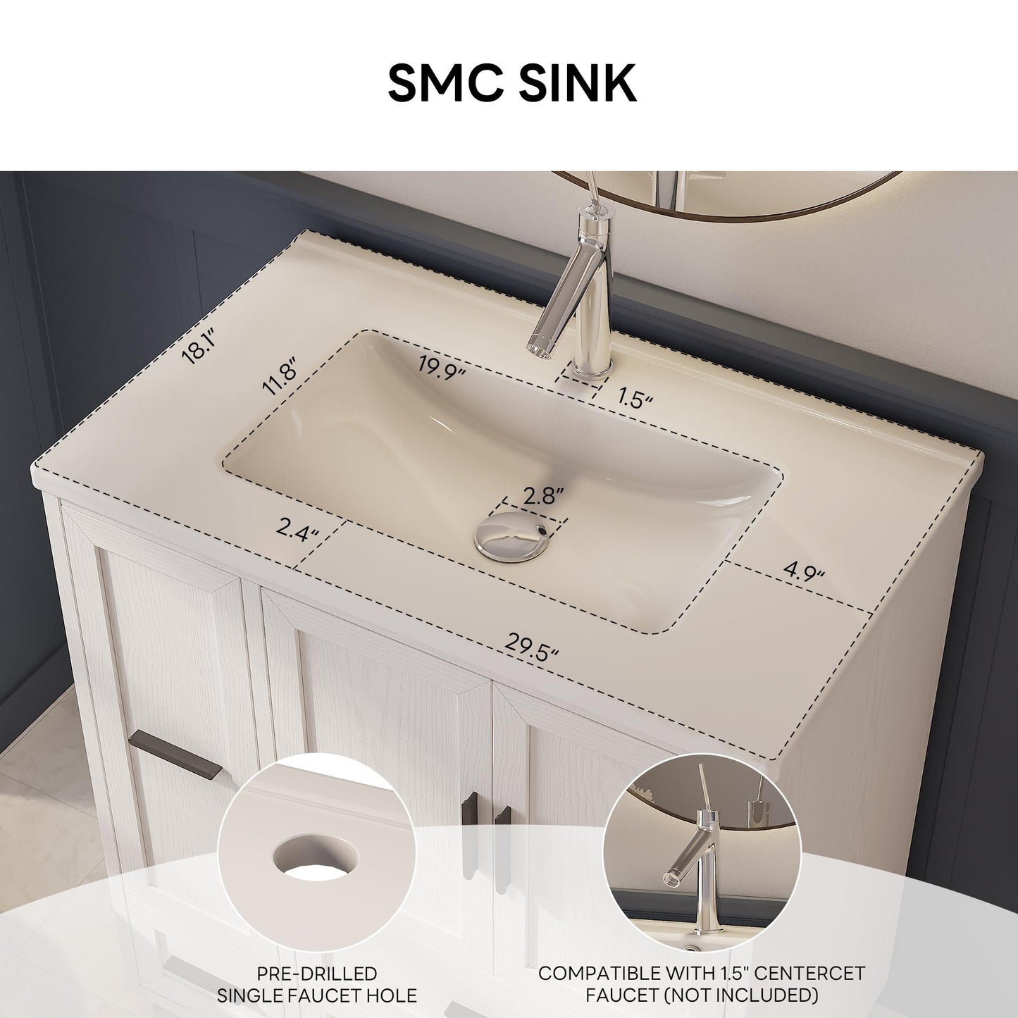 LIKIMIO 29.5" Bathroom Vanity with Sink, Hair Tool Drawer, 4 Solid Legs, 4 Drawers 2 Doors, Modern Freestanding Wooden Bathroom Cabinet with Undermount Upgraded SMC Sink, Quick Assembly, White