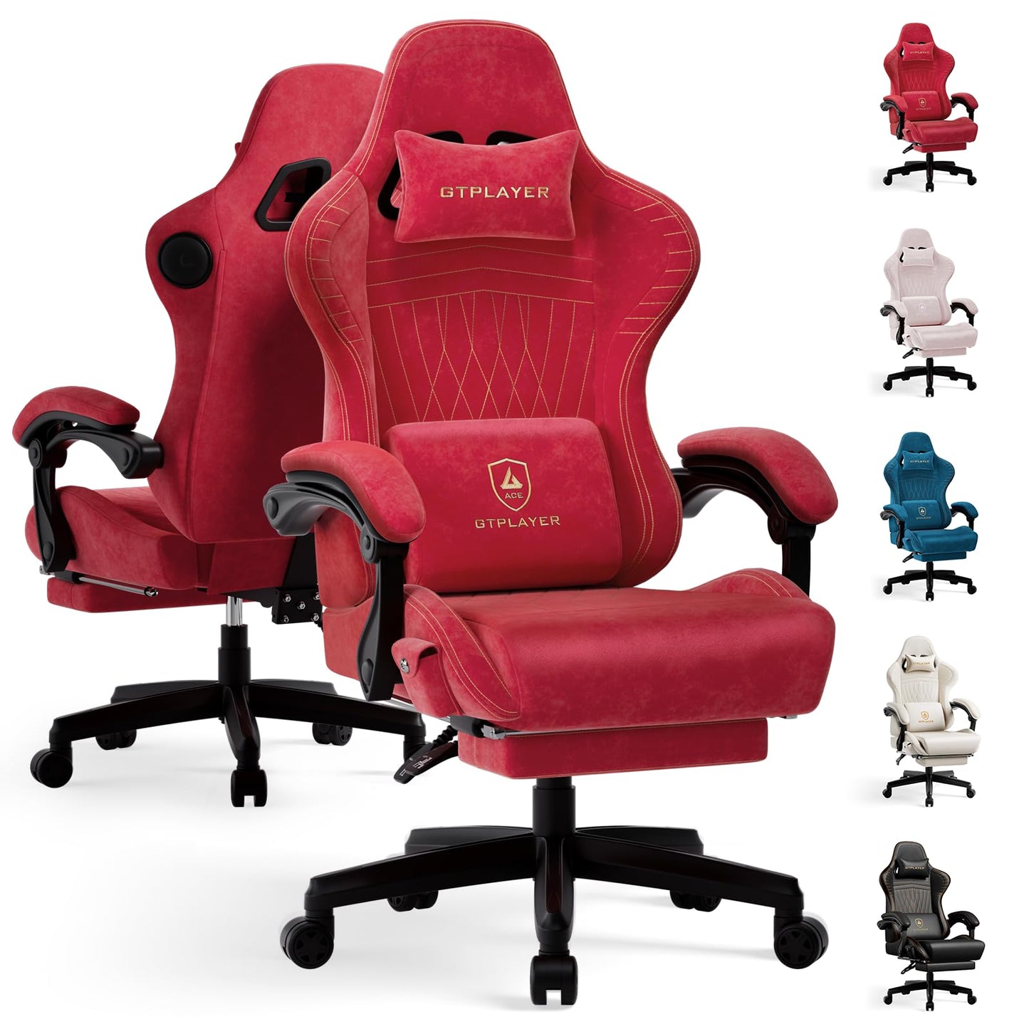 GTPLAYER ACE-PRO Music Gaming Chairs – Built-in Speakers, App Support & Bluetooth Control, Computer Game Chairs with Footrest for Adults, Ergonomic, Reclining, Linkage Armrest, Cherry Red 【Velvet】