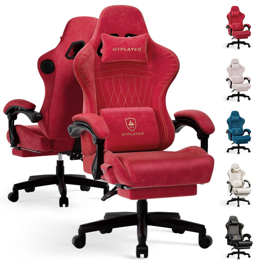 GTPLAYER ACE-PRO Music Gaming Chairs – Built-in Speakers, App Support & Bluetooth Control, Computer Game Chairs with Footrest for Adults, Ergonomic, Reclining, Linkage Armrest, Cherry Red 【Velvet】