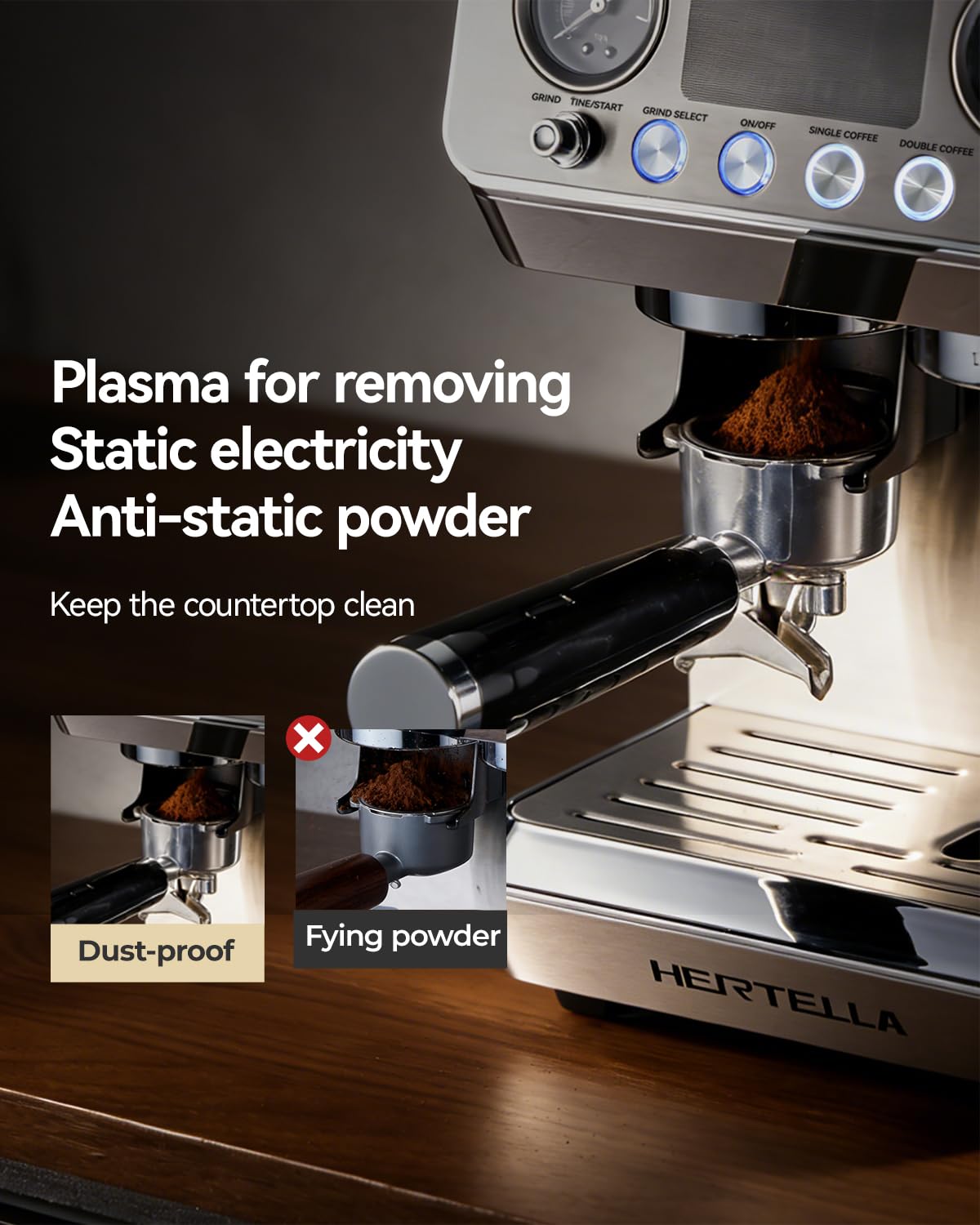 HERTELLA Espresso Machine with Burr Grinder, 20 Bar Visual Pressure Gauge, Milk Frother Steam Wand, Stainless Steel, 4 Temperature Modes (Hot and Cold Brew), Automatic Pressure Release Function