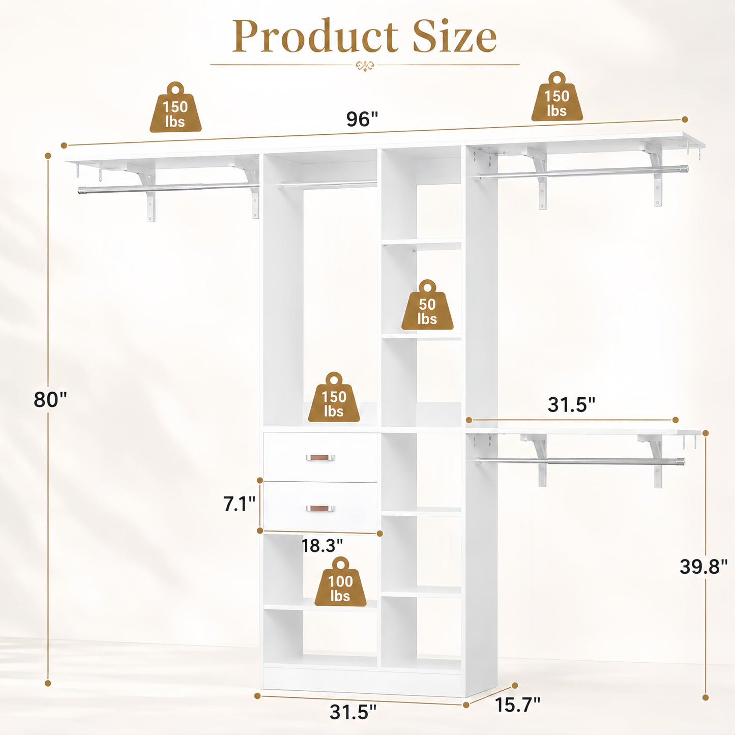 Upgraded 96 Closet System with 18 Storage Place, 8FT Closet Organizers System with 13 Shelves and 2 Wooden Drawers, 96'' Walk-in Closet with 4 Hanging Rods, Adjustable Garment Rack, White