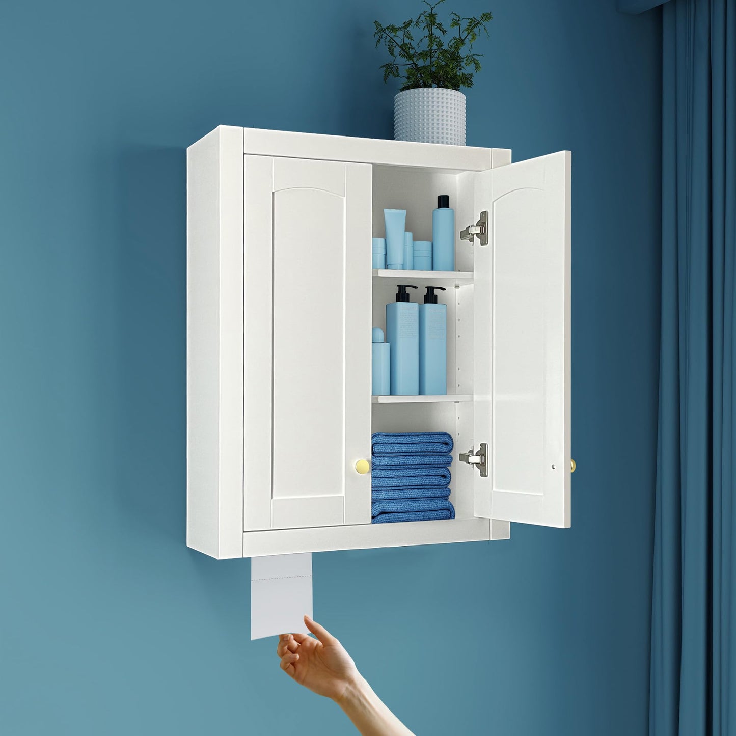 Over The Toilet Cabinet, Bathroom Storage Cabinet with Bottom Tissue Dispenser, 22"x28" Bathroom Wall Cabinet with Adjustable Shelves & Soft Close Doors, Above Toilet Cabinet with Gold Handles, White