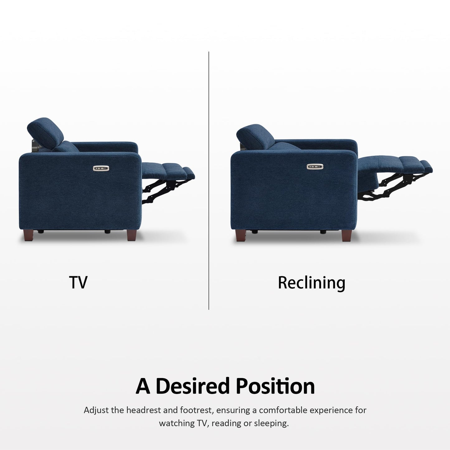 MCombo Zero Wall Recliner Chair, Wall Hugger Power Recliner Chair with Adjustable Headrest, High Wood Leg, USB & Type C Dual Charge Ports, for Living Room, Small Spaces, HL128 (Textile, Blue)