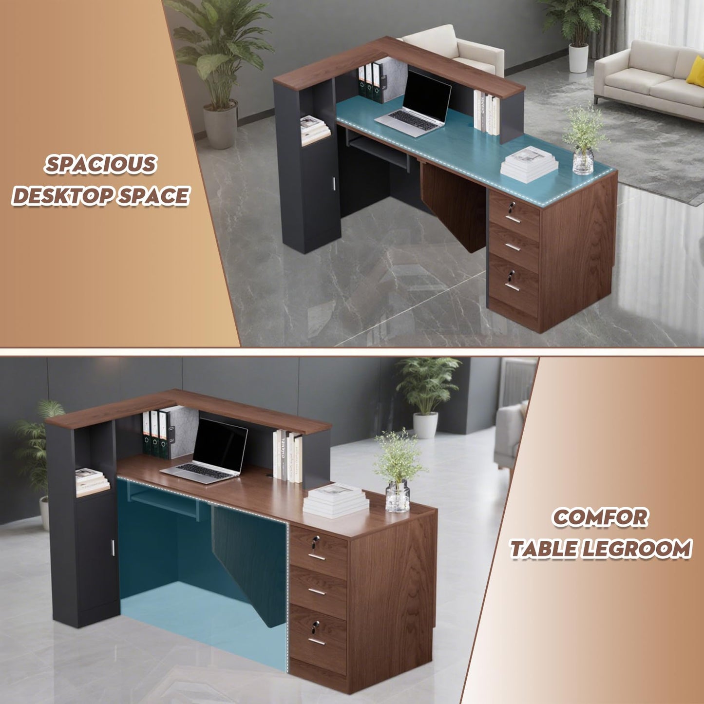 L-Shaped Modern Large Wooden Commercial Reception Desk with Counter & Shelves, Front Reception Desk Counter Table with Drawers for Offices,Home (Brown + Black, Left- 71''L x 42''W x 41''H)