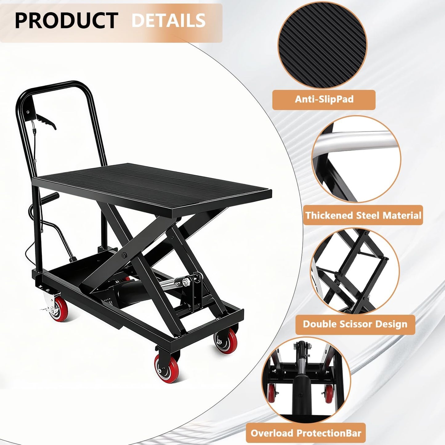 330 Lbs Heavy Duty Single Scissor Hydraulic Lift Table Cart – 28.5" Max Lifting Height, 4 Swivel Casters, Non-Slip Platform Pad, Mobile Material Handling & Transport for Warehouse, Workshop & Garage