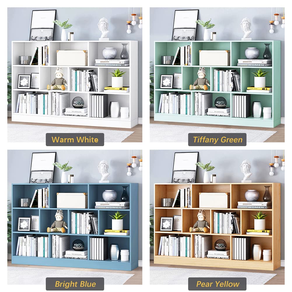IOTXY Open Shelf Low Bookcase - Wooden 3-Tier Floor Standing Display Cabinet Organizer with Base, 10 Cubes Short Horizontal Bookshelf in Tiffany-Green