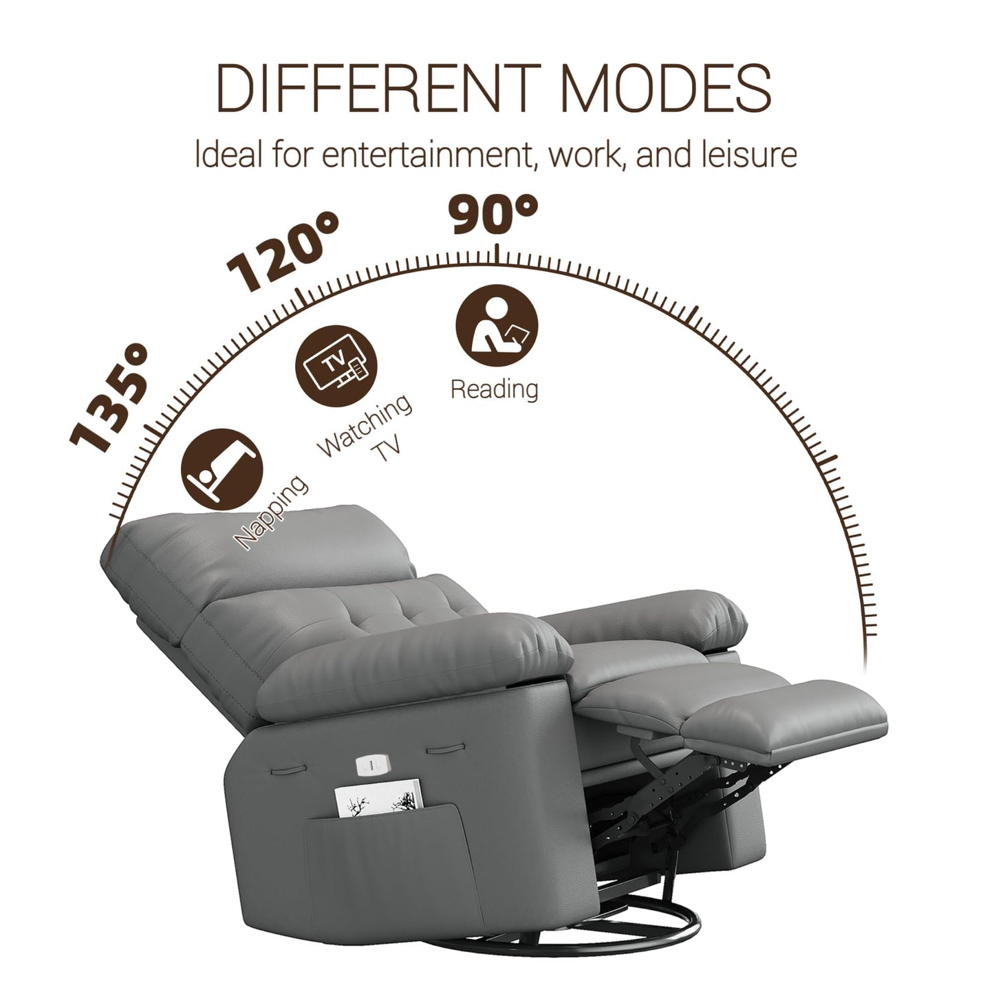 IDEALHOUSE Power Recliner Chair with Massage and Heat, Leather Fabric Reclining Sofa Chair, 360° Swivel Recliner Chairs with Cup Holder for Living Room, Bedroom, Nursery, Grey1