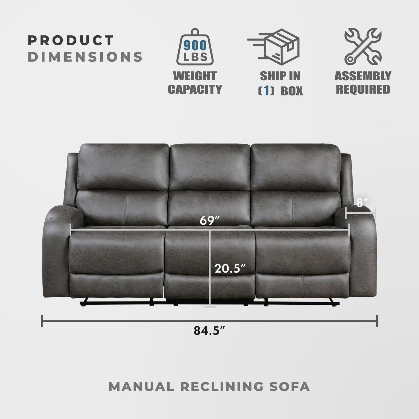 Lexicon Manual Double Reclining Sofa, Polished Microfiber Manual Wall Hugger Sofa Recliner for Living Room, Home Theater Seating, Track Arm, Stitching Cushion, Padded Foam Seat Cushion, Gray