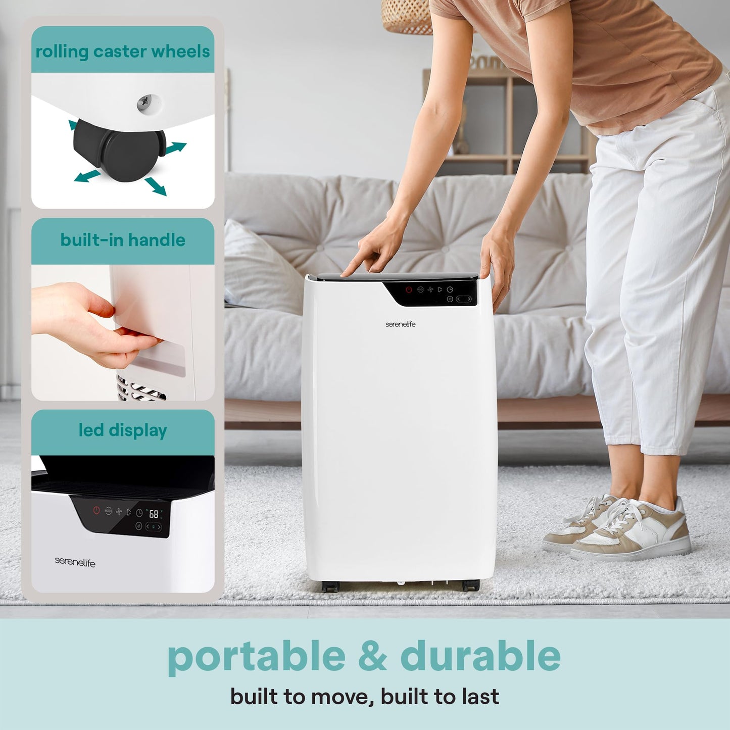 SereneLife Portable Air Conditioner 14000 BTU, 3-in-1 Compact Standing Air Conditioner for Room Up to 500 Sq. Ft., Touch Control Panel, High Efficiency CEER 7.22 and Auto Mode for Easy Operation