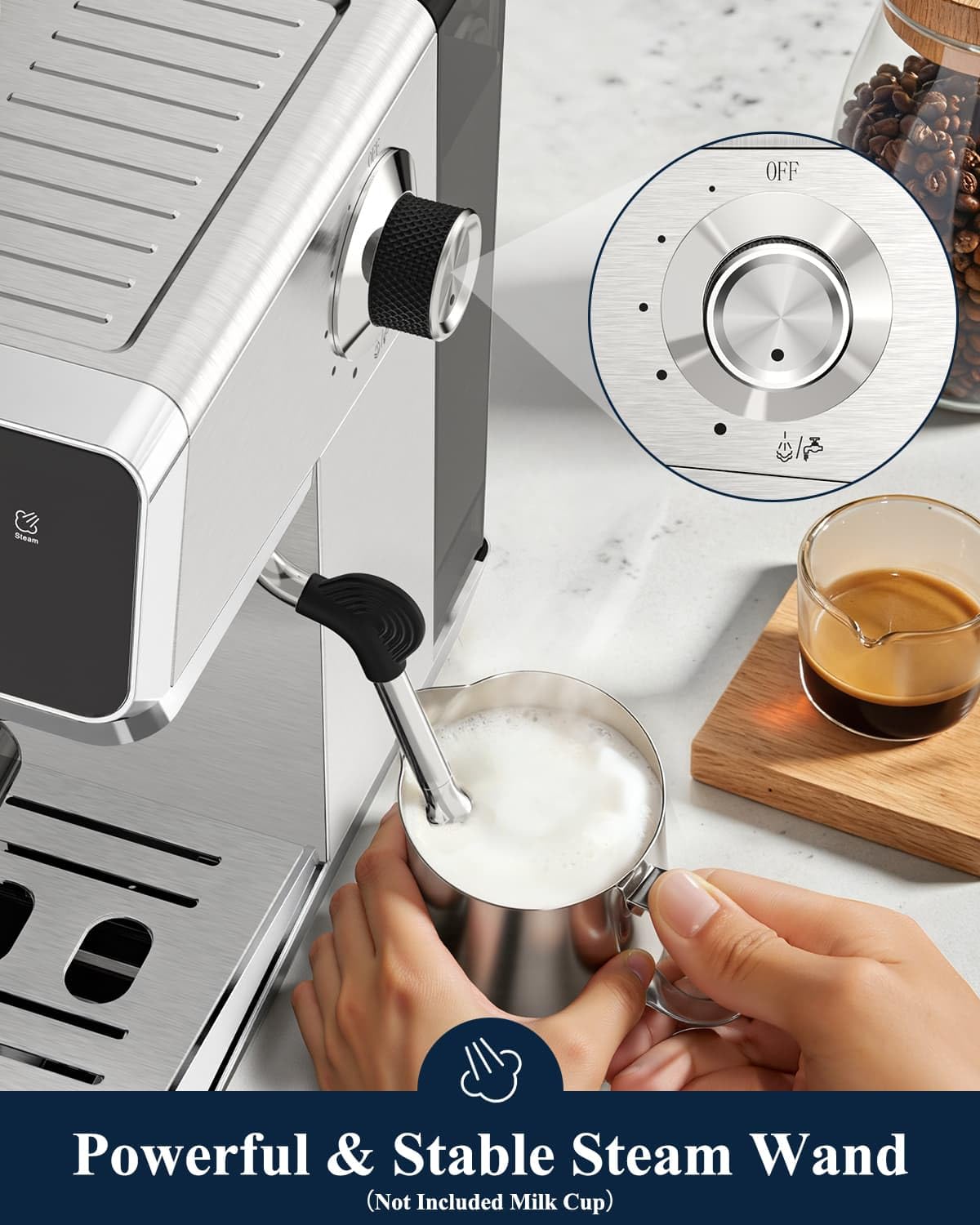 Hausmojo CM1620 Espresso Machine with Built-in Burr Grinder, 20 Bar Bean-to-Cup Espresso Maker with 44 Grind Settings & Steam Wand, Touchscreen Coffee Machine for Latte, Cappuccino