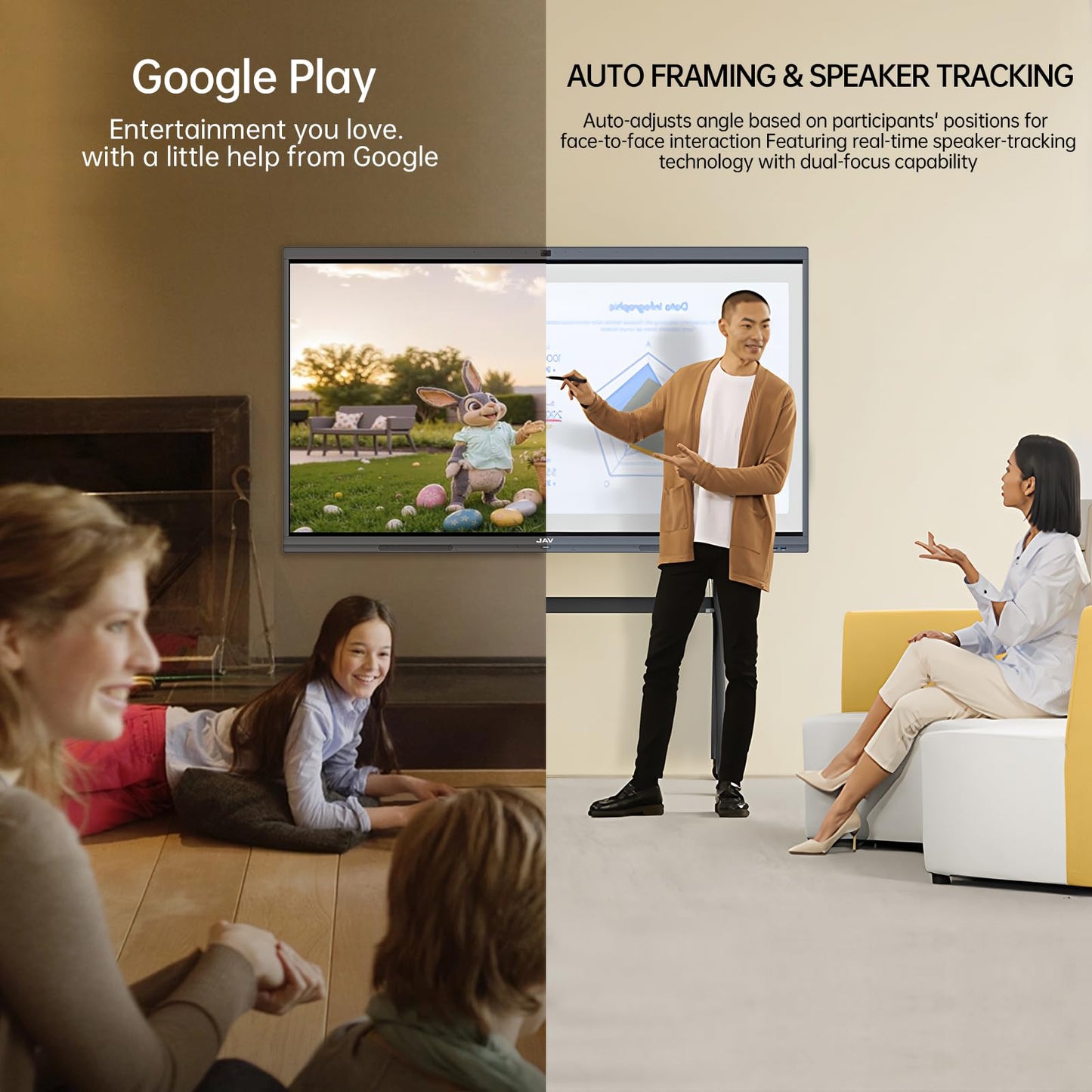 JAV 86" Smart Board Pro Google EDLA Certified 4K UHD Interactive Whiteboard for Classroom Office All-in-One Touchscreen Display with 48MP AI Camera 100W Soundbar Android 14 8+128GB Wall Mount Included
