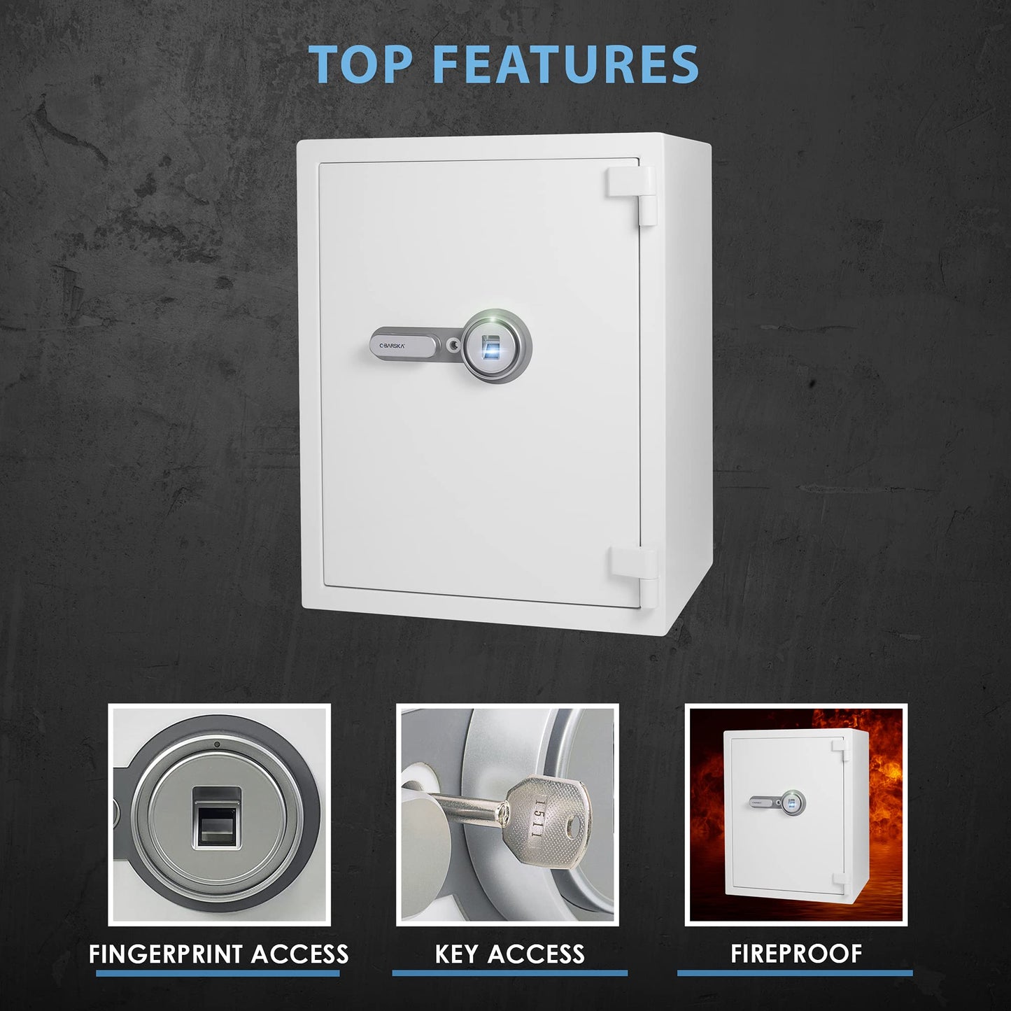 Barska 4.48 Cu. Ft. Biometric Fireproof Safe – White Fingerprint Security Safe 100-User Memory, Fire Rating 30 Min @ 1200°F, Steel Locking Bolts, Key Hooks & Carpeted Interior Fire Safe Jewelry