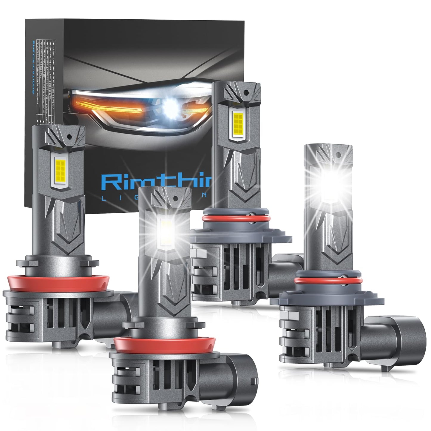 rimthin 9005 H11 Bulbs Combo, 800% Brighter, Mini Size with Cooling Fan, Pack of 4, Cool White