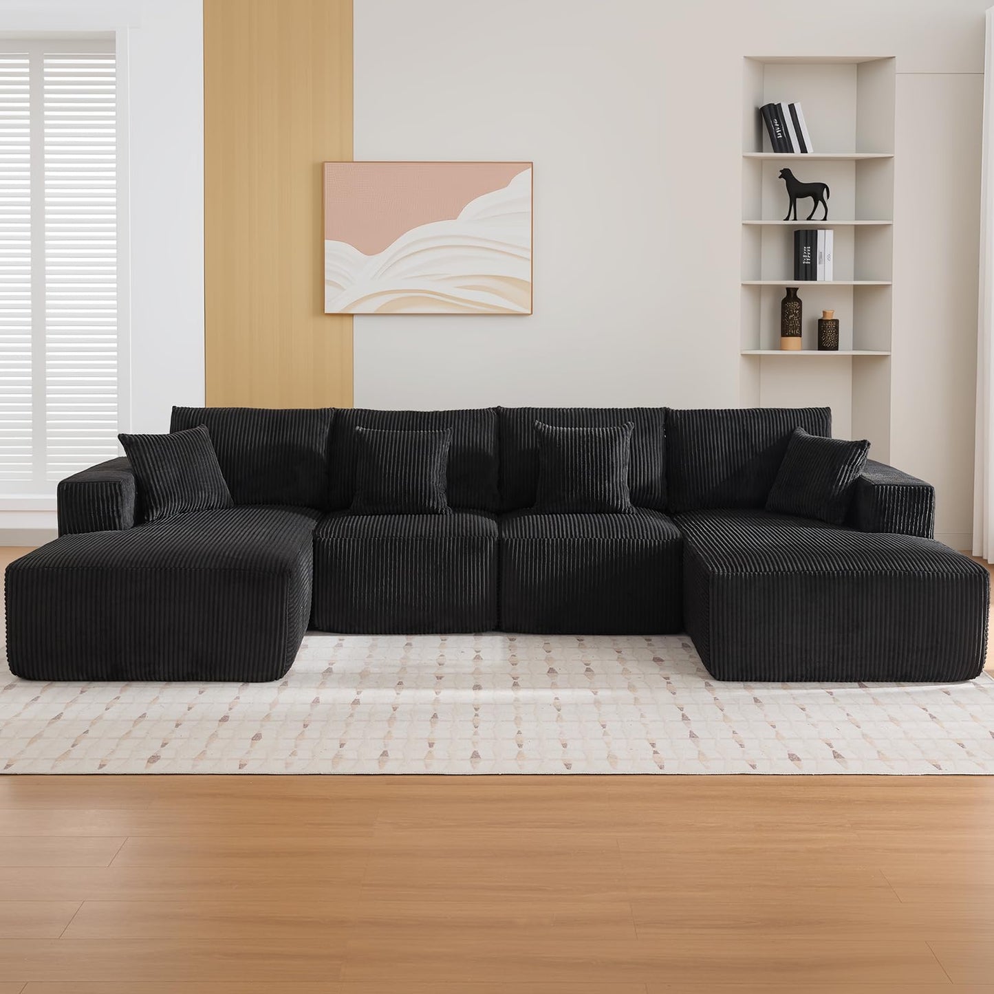 137" Modular Sectional Sofa, U-Shape Cloud Couch with Chaise, Deep Seat, Armrests and Plush Corduroy Fabric, No Assembly Required, Boneless Compression Sectional Couch for Living Room, Black