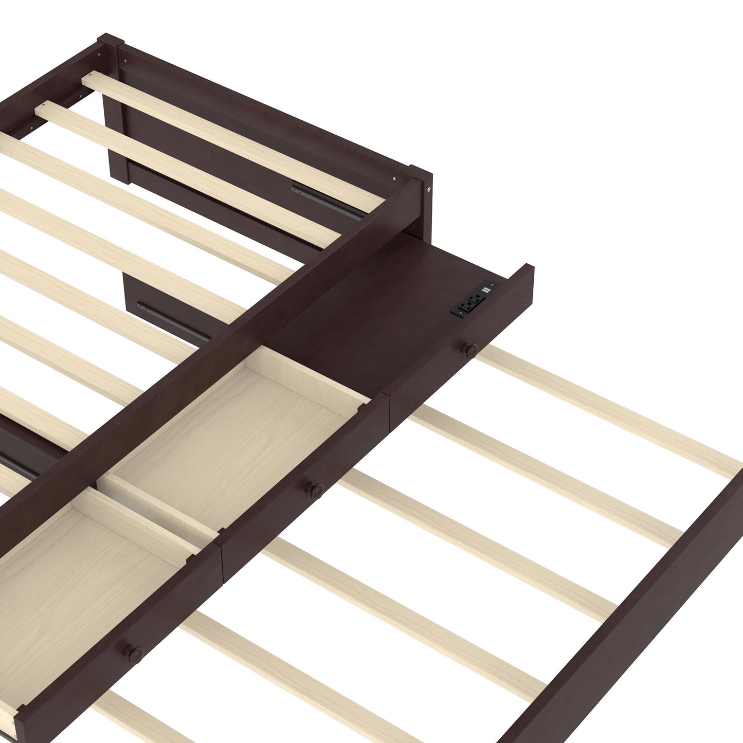 Twin Platform Bed with Trundle and Storage Drawers, Solid Wood Daybed with Power Outlets and Full-upgraded Slats, Twin Bed Frame for Bedroom, Guests, Living Room, No Box Spring Needed, Espresso