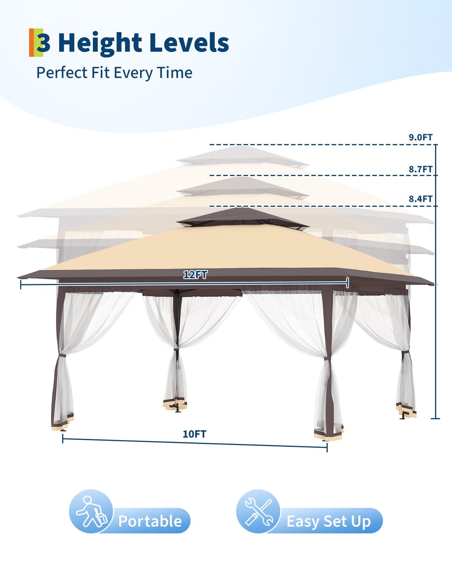 Canopy Tent 12x12 ft, Pop Up Gazebo One-Push Setup with 4 SandBags for Backyard Parties and BBQs, Mosquito Netting & Height Adjustable - Khaki & Coffee