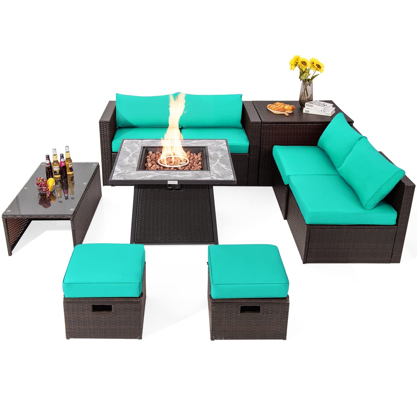 Tangkula 9 Pieces Outdoor Patio Furniture Set with 35-Inch Propane Fire Pit Table, Outdoor PE Wicker Sectional Sofa Set with Storage Box and Cushions, 50,000 BTU Gas Fire Pit Table (Turquoise)