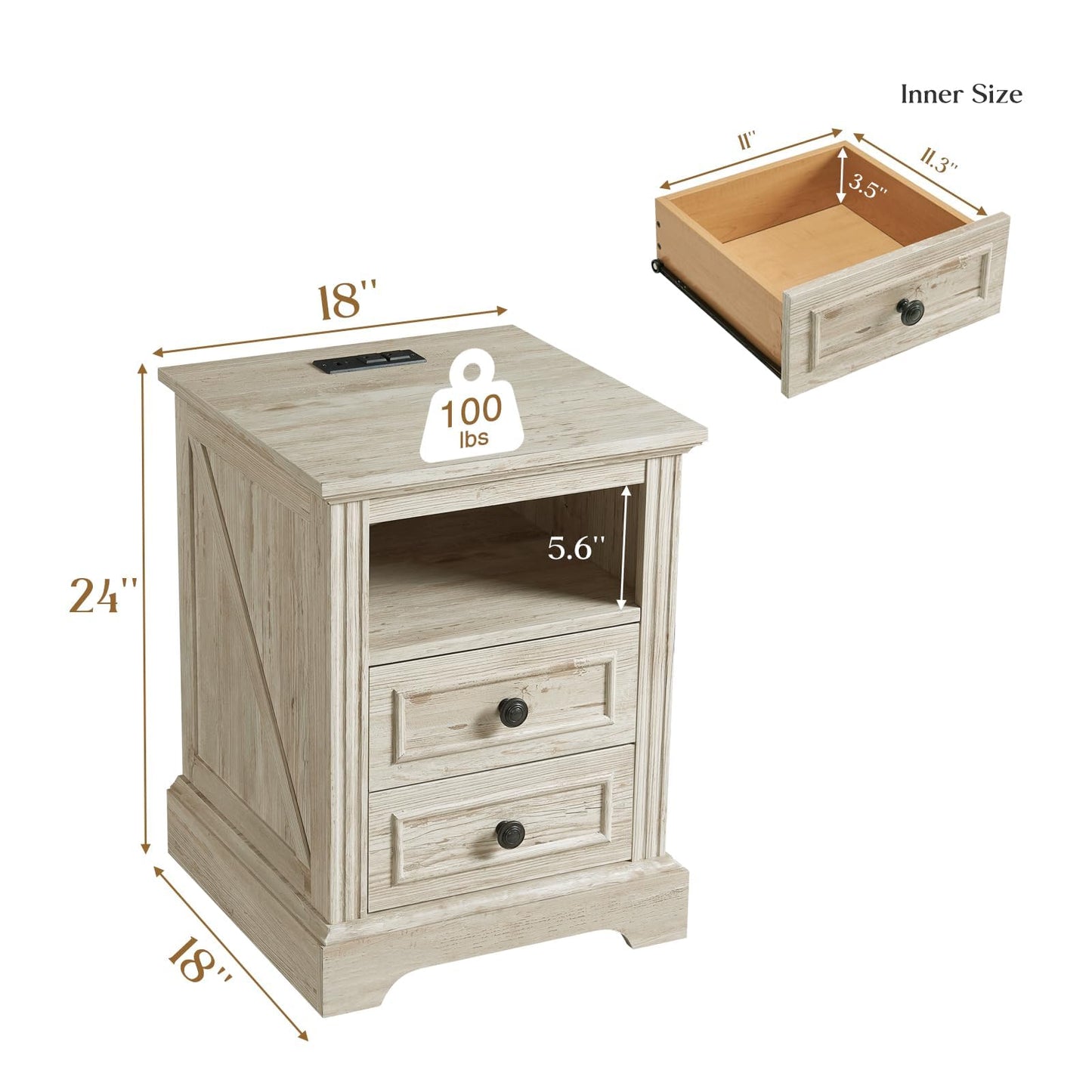 QUW Nightstand Set of 2 with Charging Station, Bedside Table with Open Storage and 2 Drawers, Side Table 18" Retro, End Table for Bedroom, Living Room, Washed Gray