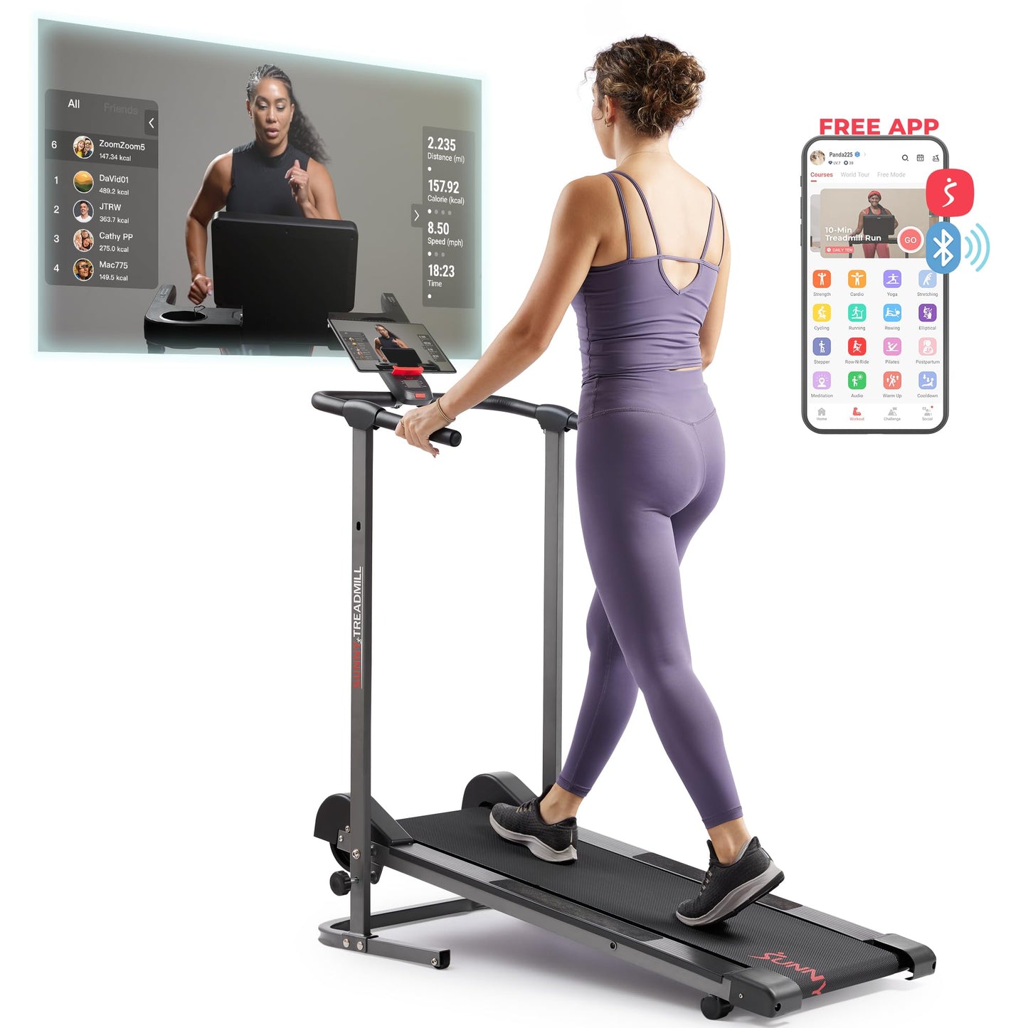 Sunny Health & Fitness Smart Manual Walking Treadmill, 300 LB Weight Capacity, Non-Electric, Fixed Incline, Compact & Foldable, Digital Monitor, Bluetooth Connection with SunnyFit App - SF-T1407SMART