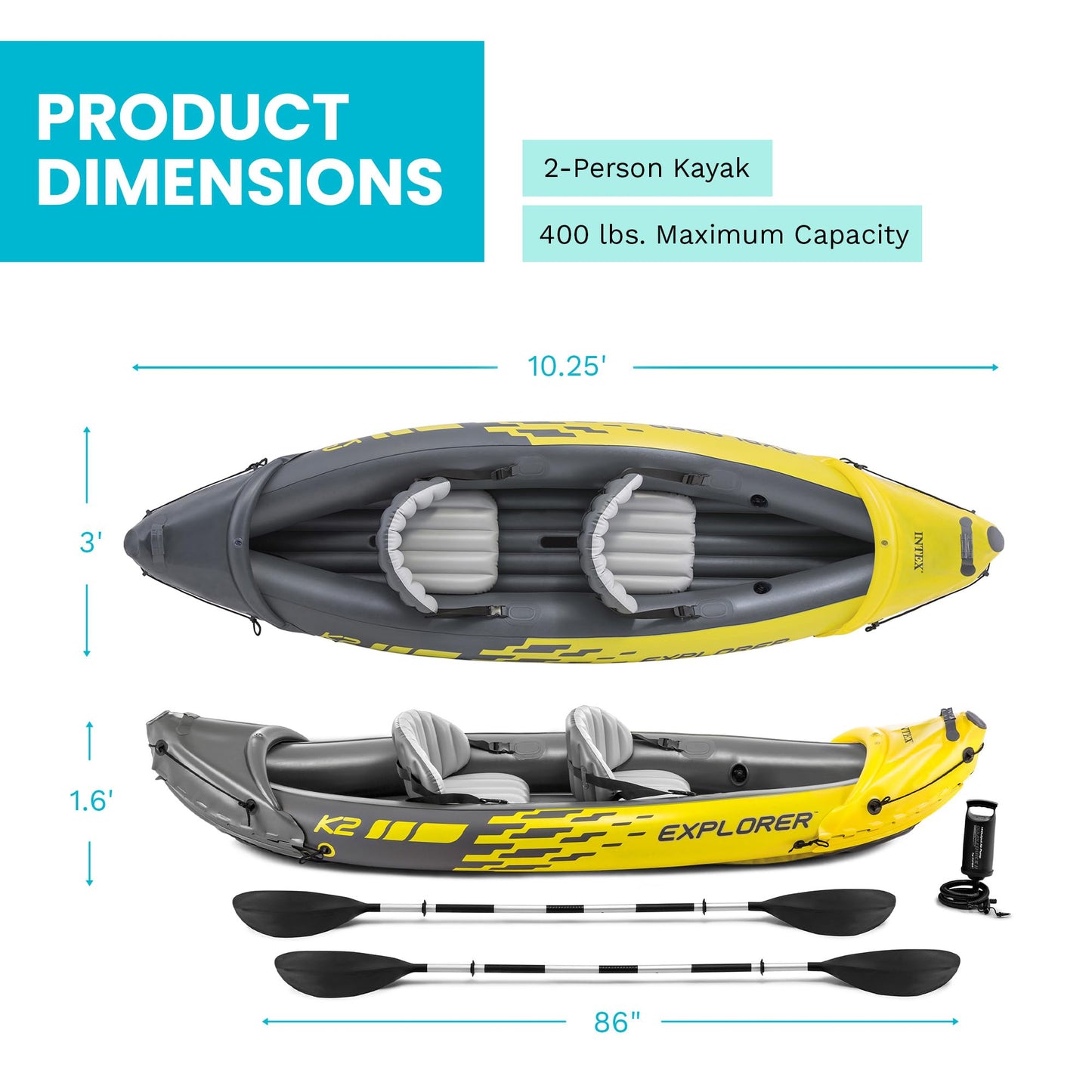 Intex 2-Person Inflatable Kayak Set w/ Pump, Aluminum Oars, Adjustable Seats, Explorer K2 - Tandem Blow-up Raft for Adults, Great for Lakes or Rivers