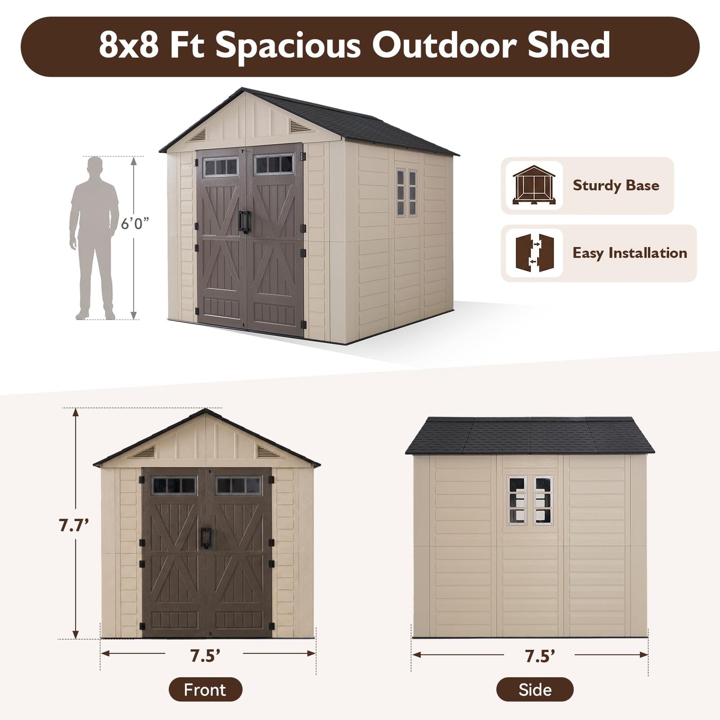 LazySunsets 8x8 Ft Outdoor Storage Shed, Large Resin Outdoor Shed with Floor Included, 2 Windows & Lockable Door, Garden Plastic Storage Sheds for Bike, Lawn Tools, Garbage Can
