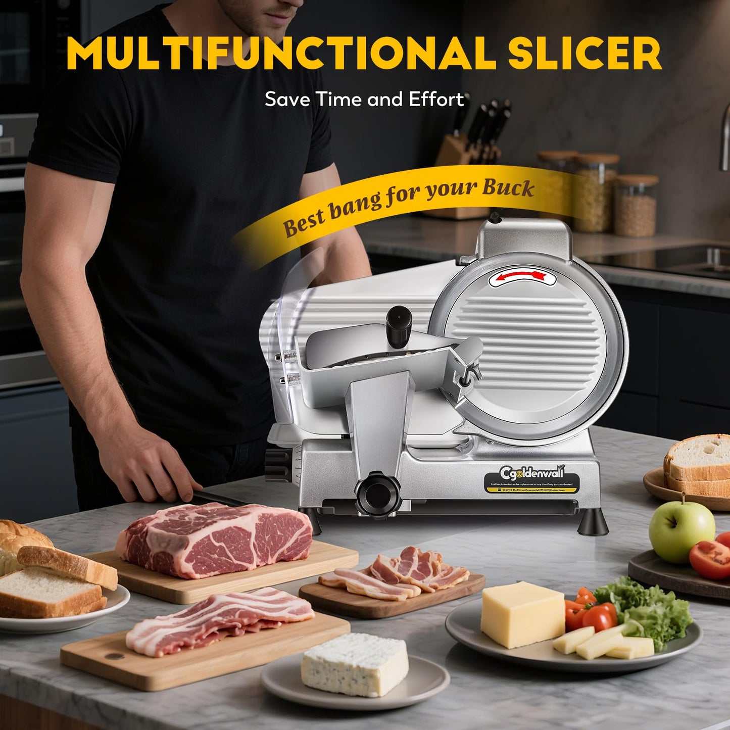 CGOLDENWALL Meat Slicer Machine with Teflon Non-stick Blade 240W Electric Meat Slicer for Frozen Meat/Deli Meat/Cheese/Food Slicer, Low Noises Commercial and Home Use