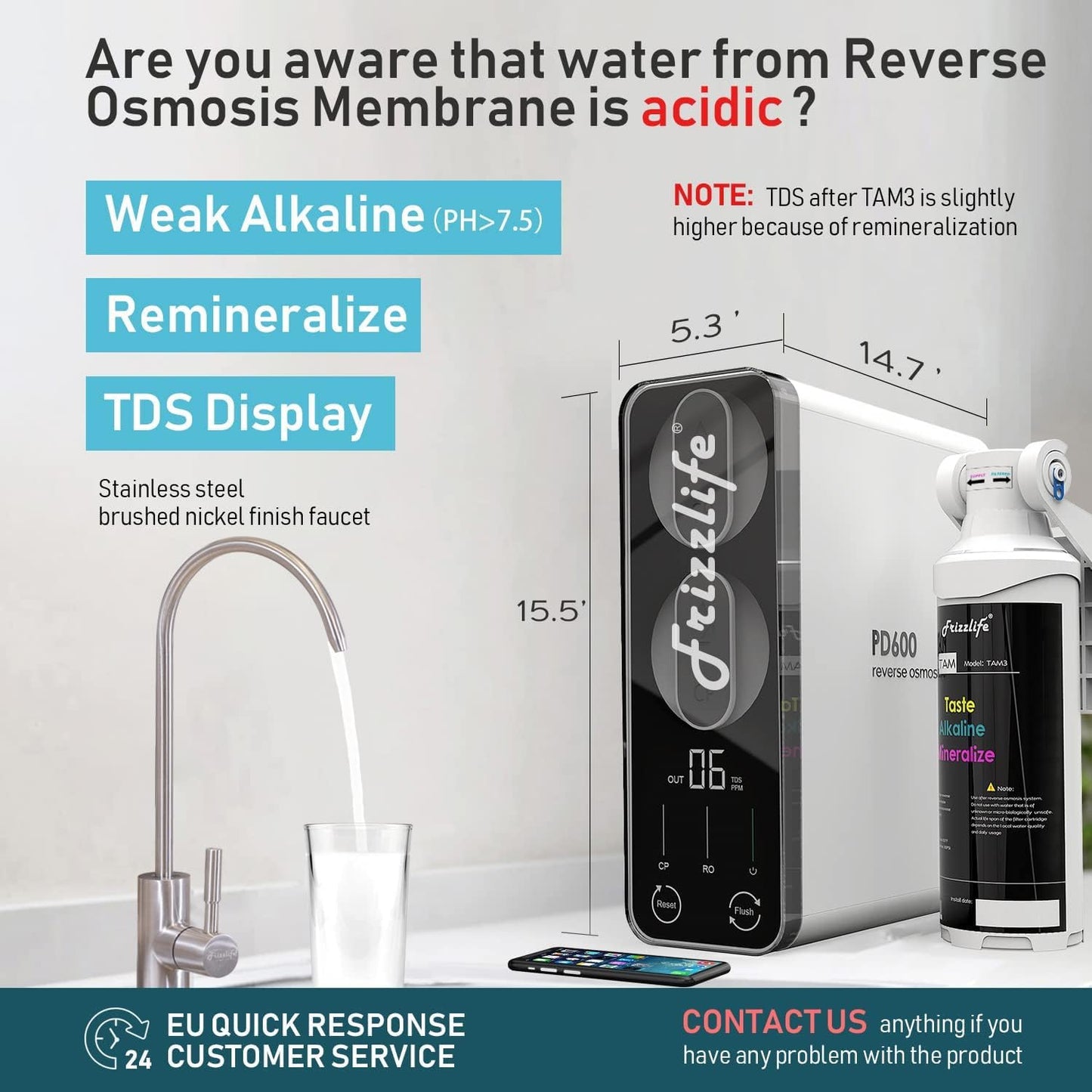 Frizzlife Reverse Osmosis Water Filter - Alkaline Mineral pH+, NSF/ASNI 58&53&42&372 Standard, 600GPD Tankless RO Reverse Osmosis System, Under Sink, 2:1 Pure to Drain, Reduce FPAS/PFOA, PD600-TAM3