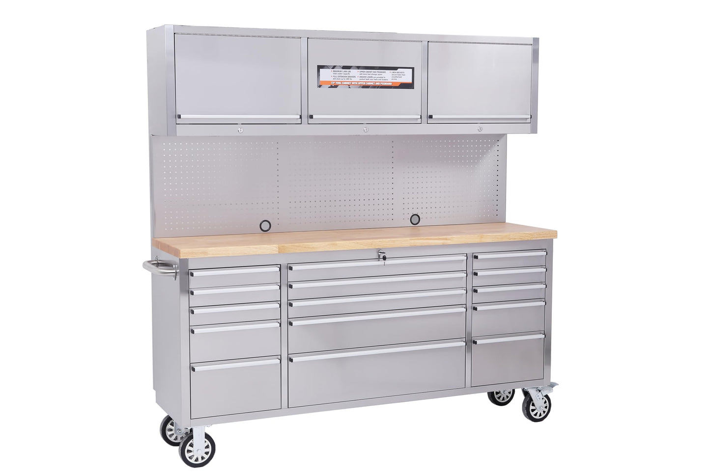 IDEALHOUSE 72 inch Rolling Tool Chest, Garage Workbench with 15 Drawers, Solid Rubber Wood Top & with Wheels Lock Key Locking, Mobile Workstation Tool Cabinet for Workshop Storage